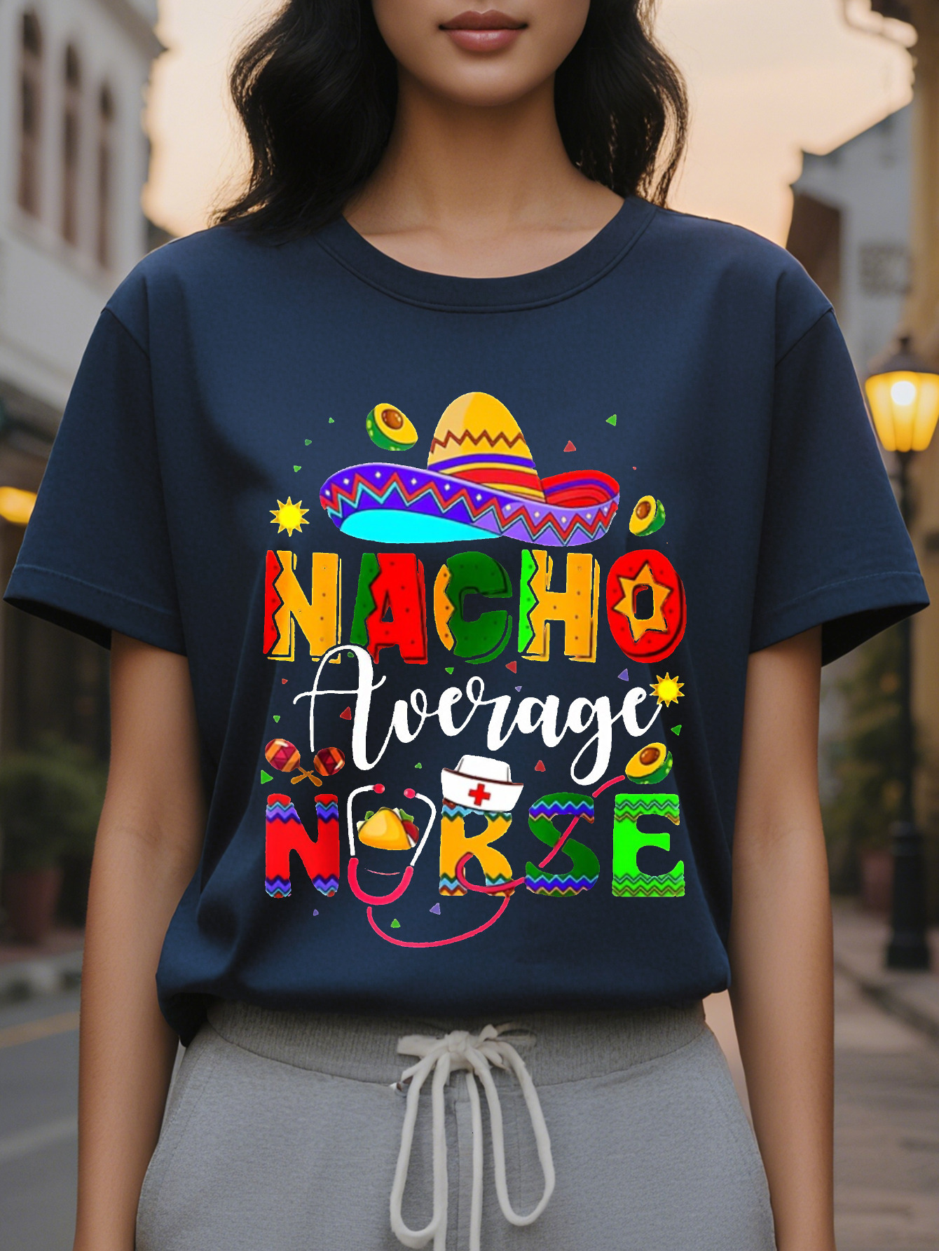 Nacho Women's Casual Short Sleeve T-Shirt Daily Color Nachos and Cheese Print Translucent Round Neck Summer Top