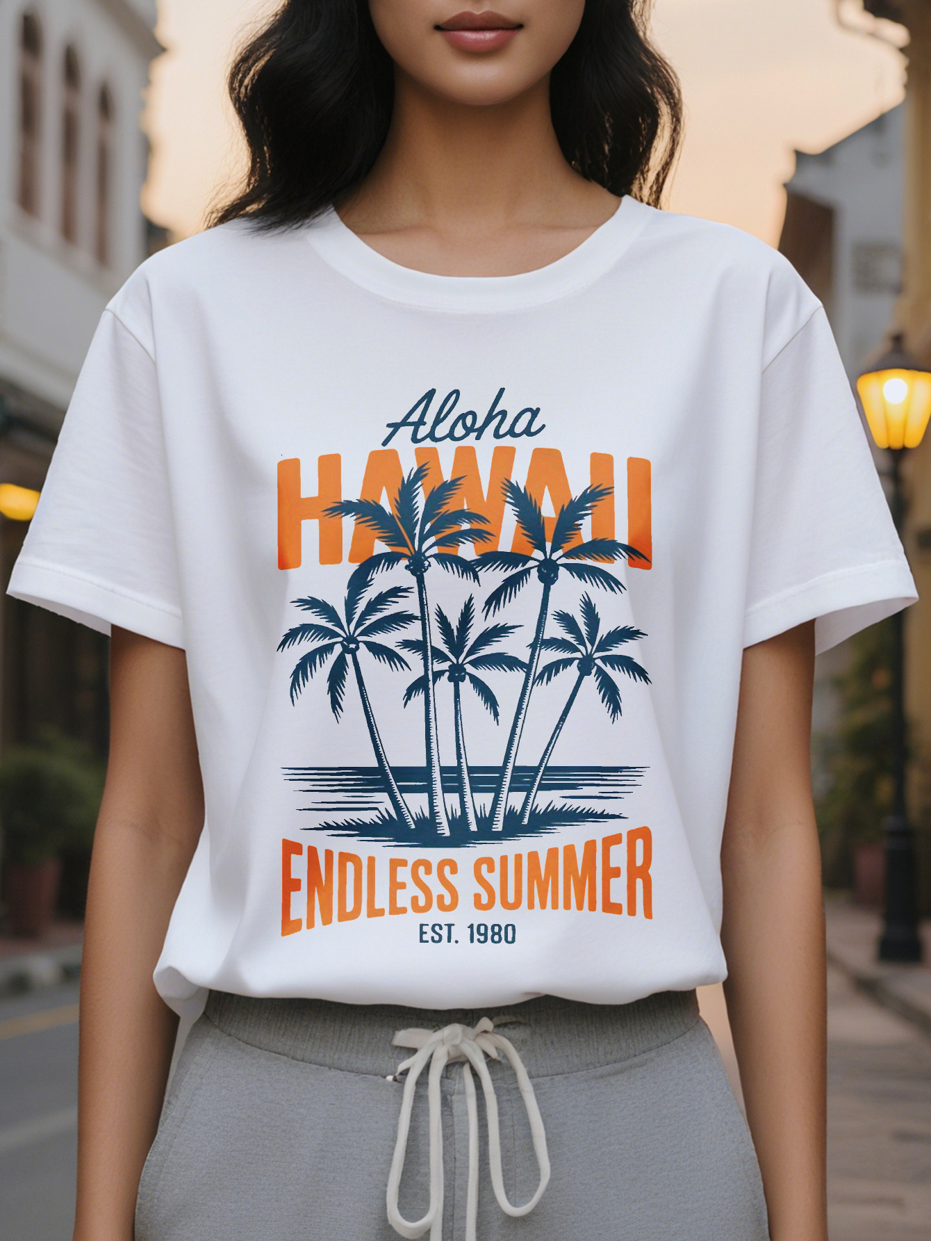 Women's White T-Shirt Retro Print Aloha Letters Design Round Neck Soft Top for Beach Vacations Hawaiian