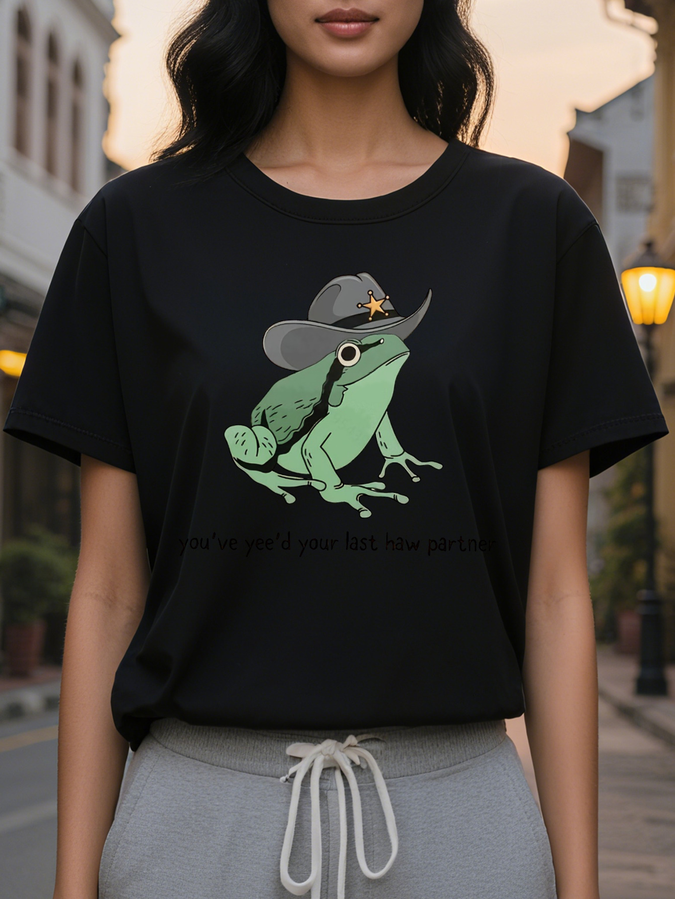 Women s Casual Graphic Crewneck Sweatshirt You ve Yee d Your Last Haw Frog Sheriff Print Light Beige Soft