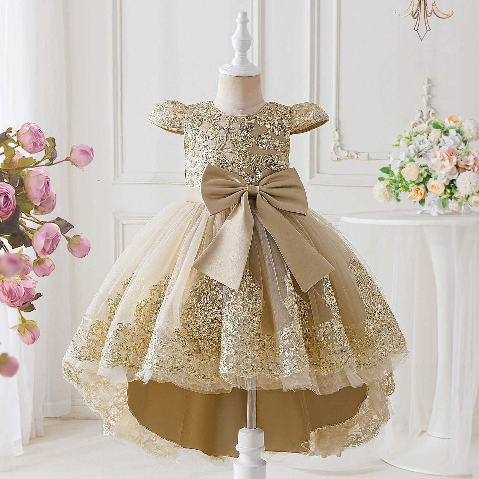 Elegant Embroidery Bow Bridesmaid Party Girls Dress with Trailing Flower Wedding Birthday Princess Dresses Girl Evening Prom Gowns Z250904
