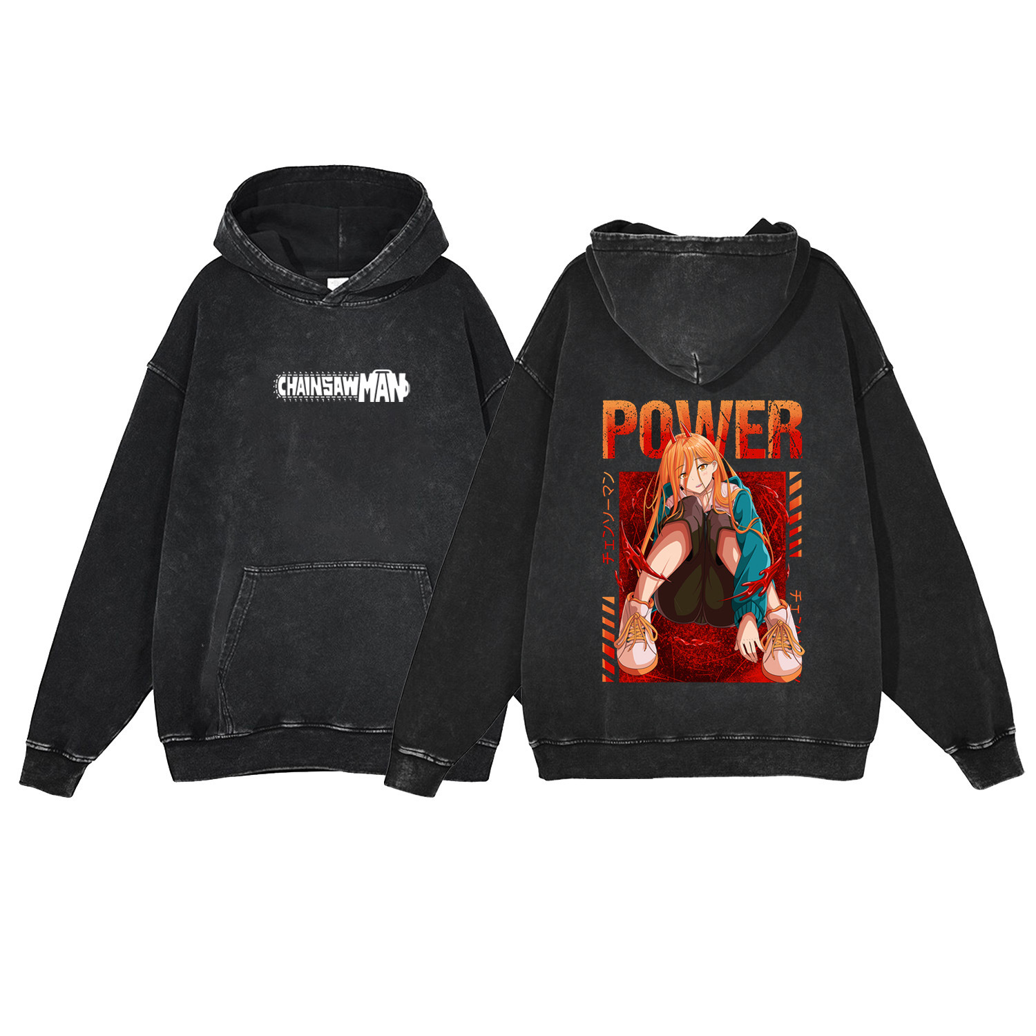 Washed Denim Look Chainsaw Man Cartoon Cotton Sweatshirt with Hood - VT1554