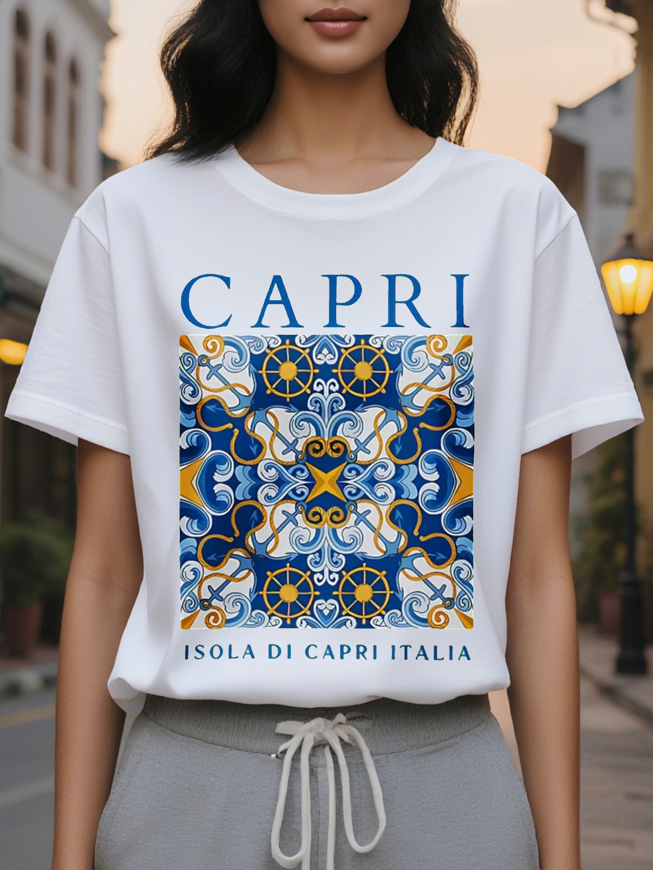 CAPRI American Style Trendy Printed Round Neck Short Sleeve T-Shirt Women's Spring and Summer New Slim Fit Slimming
