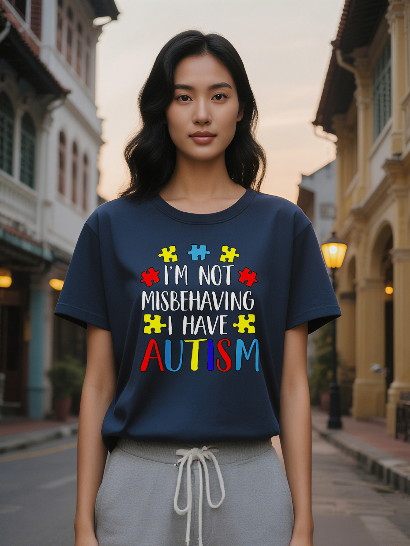 Large XL Casual Crew Neck T-Shirt I'm Not Misbehaving I Have Autism Print Black with Colorful Puzzle Pieces Design Summer Plus Size