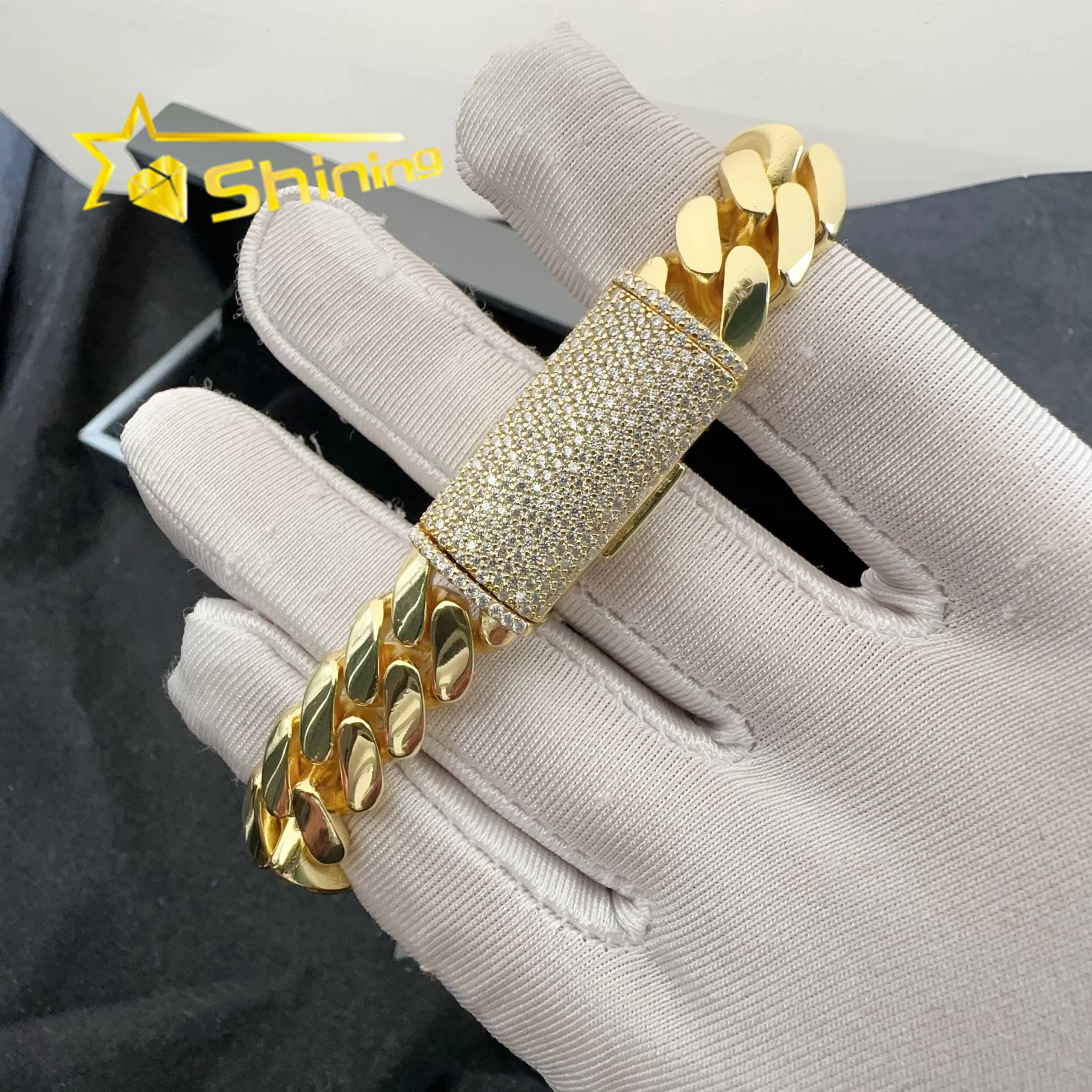 925 Sterling Silver Cuban 12mm Iced Out VVS Moissanite Clasp Hip Hop Jewelry Plain Cuban Bracelet