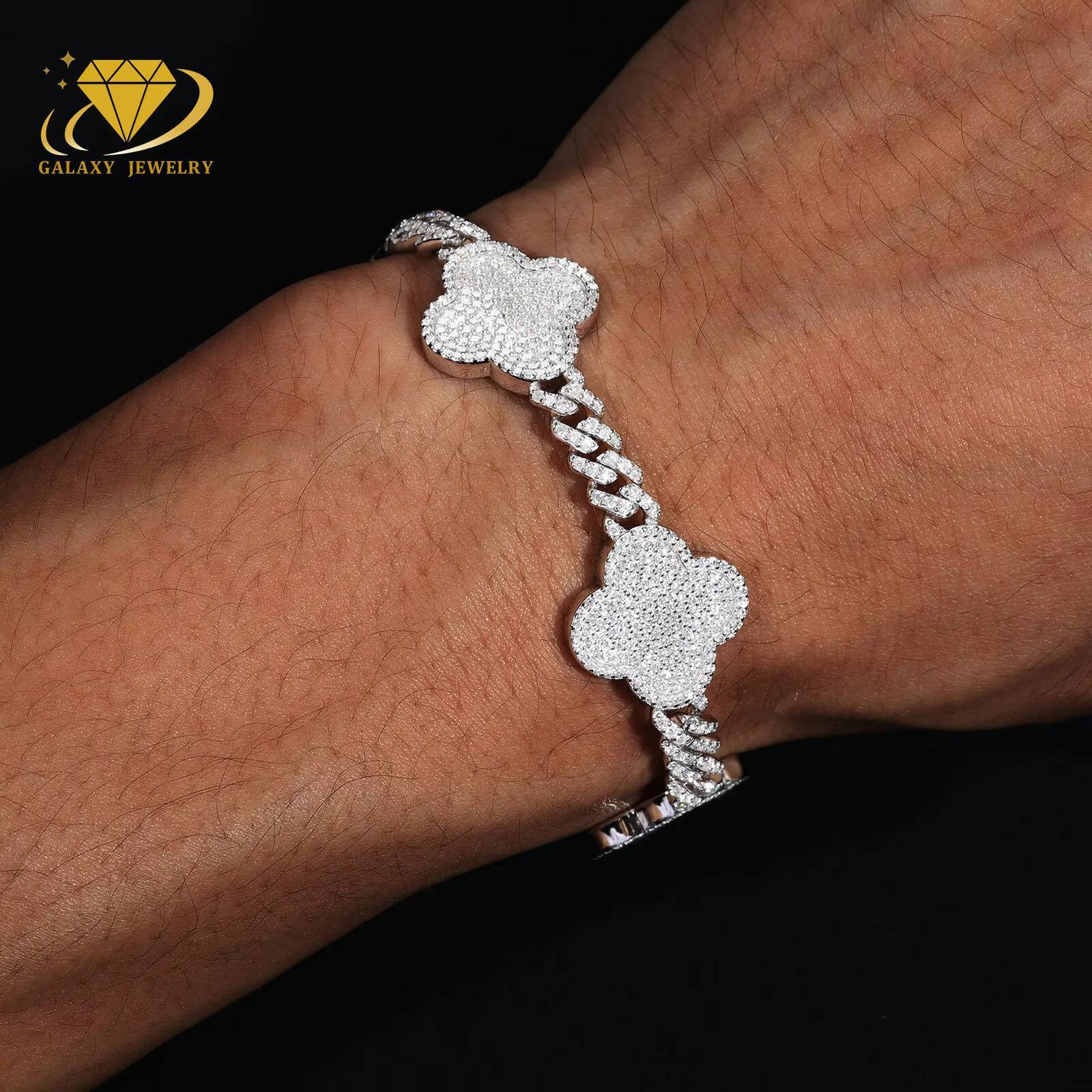 New Arrival Moissanite Chain 6MM Silver 925 Hip Hop Lucky Four Leaf Clover Moissanite Miami Cuban Link Chain Bracelet Necklace