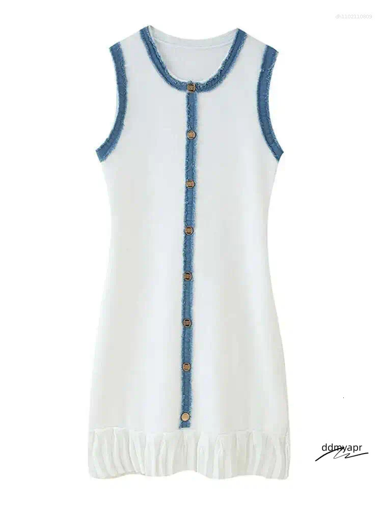 Casual Dresses Women Ddmyday Elegant Pleated Patchwork Knitted Mini Dress Lady Round Neck Sleeveless Single Breasted Fashion Vestido