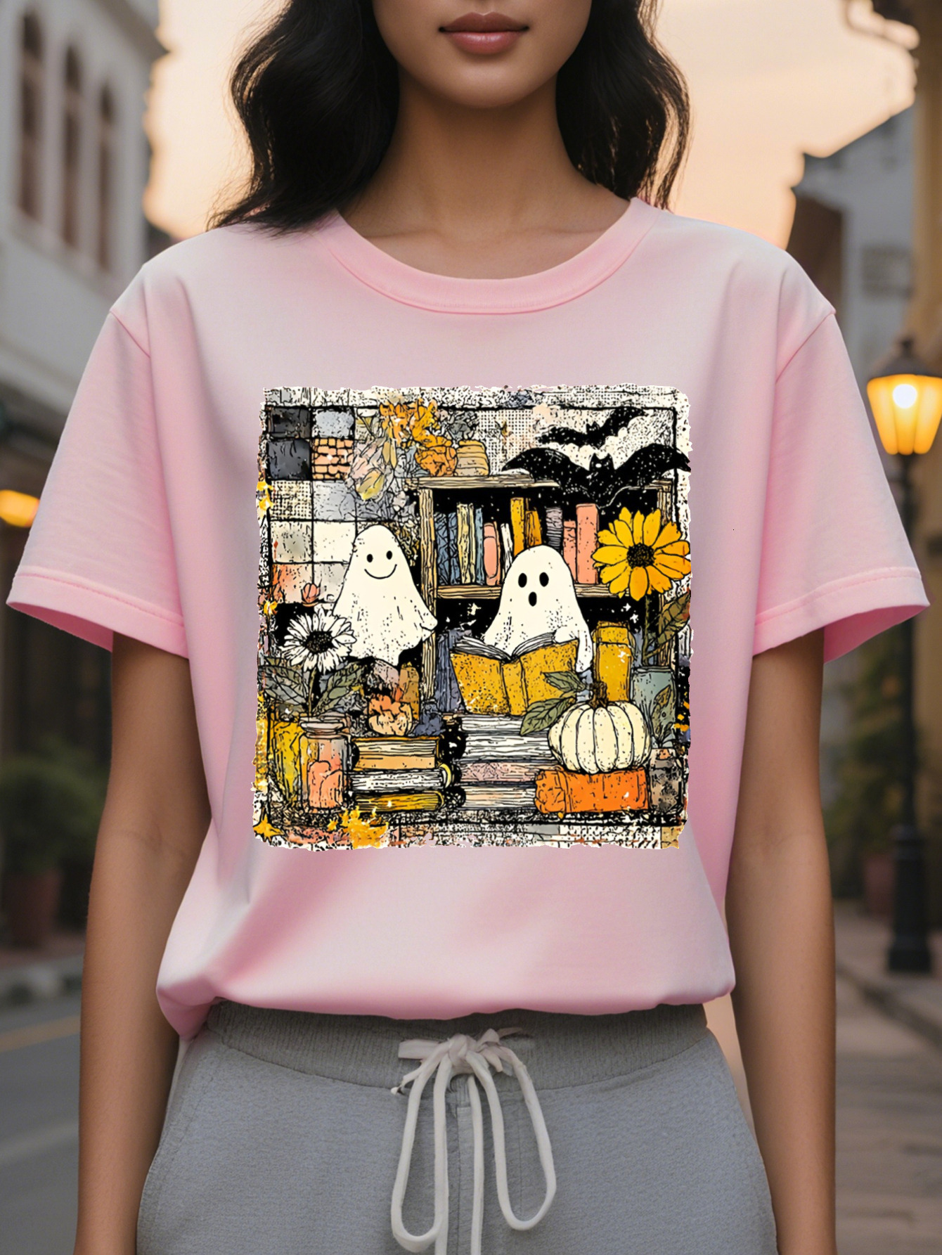 Large XL Women's T-Shirt Cute Print Short Sleeve Round Neck Top Spooky Bats Witches Pumpkins Cozy Autumn Colors in Orange Plus Size