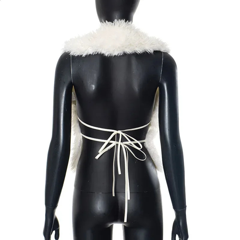 Fluffy Faux Fur Halter Vests Women Solid Deep V-Neck Backless Bandage Sleeveless Jackets Top Winter Wamr Outerwear Coat 250823