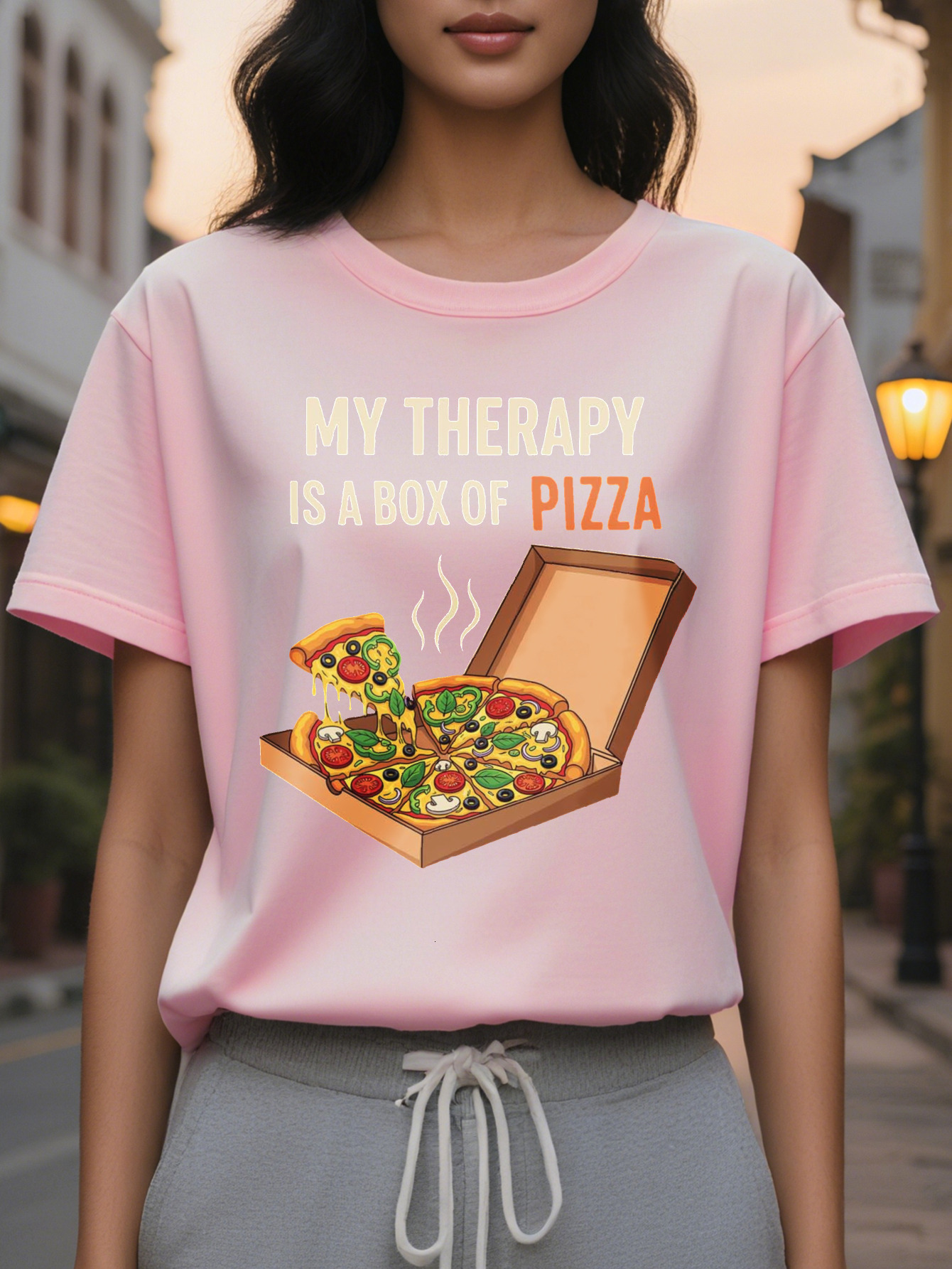 Fun Pattern Ladies My Relaxation is Box Sayings Black with Orange Letters Light Summer Casual Daily T-Shirt for Pizza