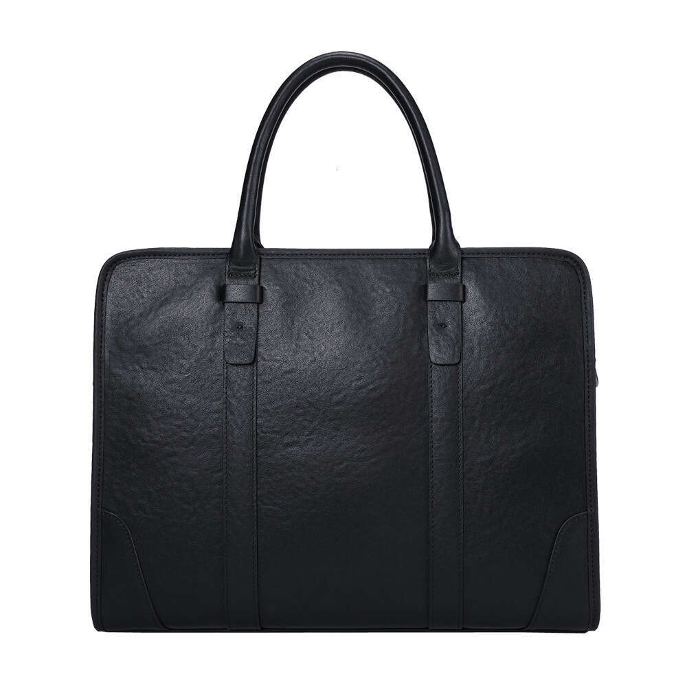 DHEssentials 2025 Spring Men's Top-Grain Leather Briefcase 14-inch Business Laptop Bag Handheld Shoulder Crossbody Black