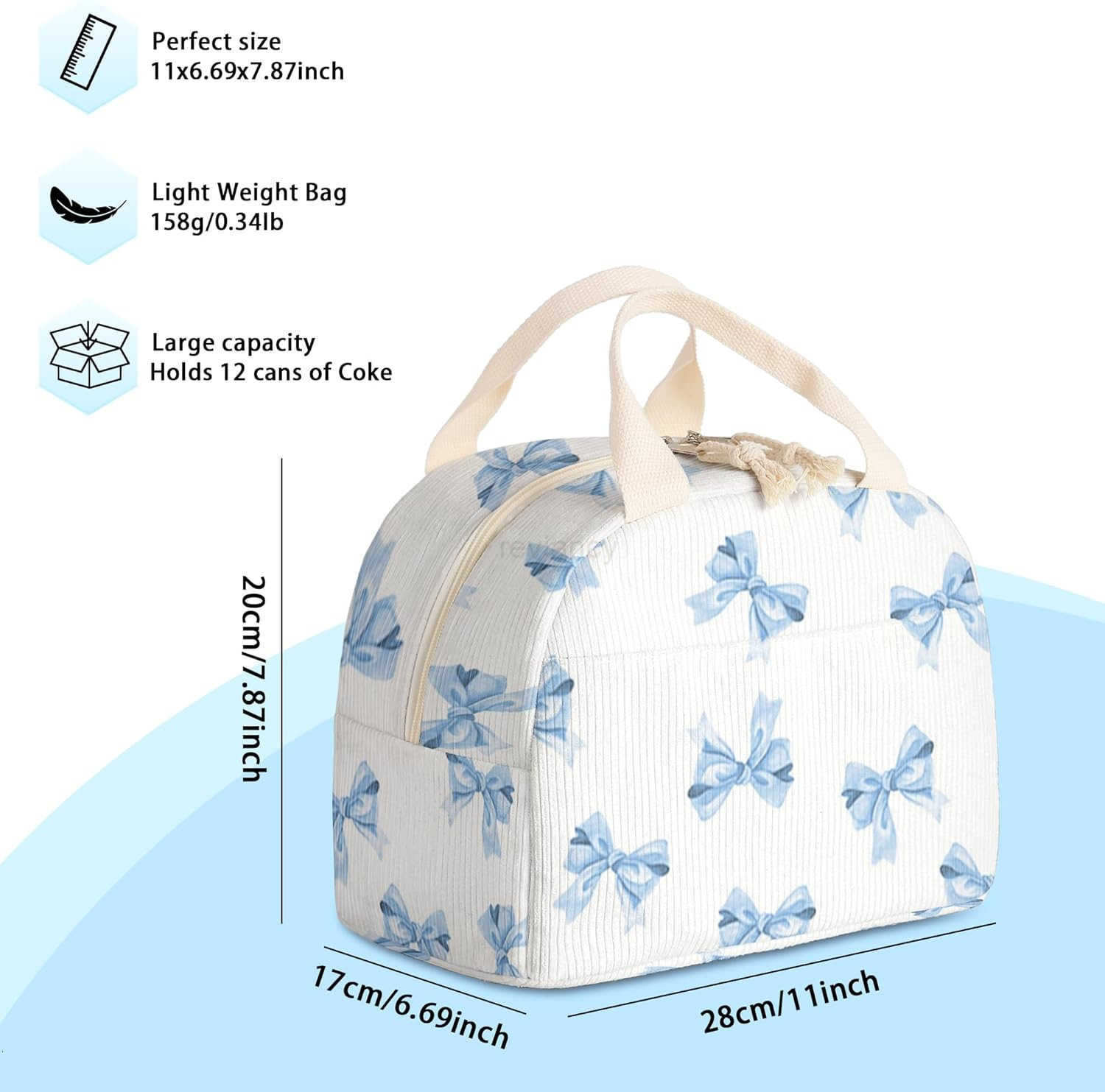 Lunch Box for Women and MenInsulated Corduroy Fabric Lunch Bags for WorkLeakproof Adults Cooler Tote Bag for OfficesPicnicTravelOutdoor Blue Bow TieW2