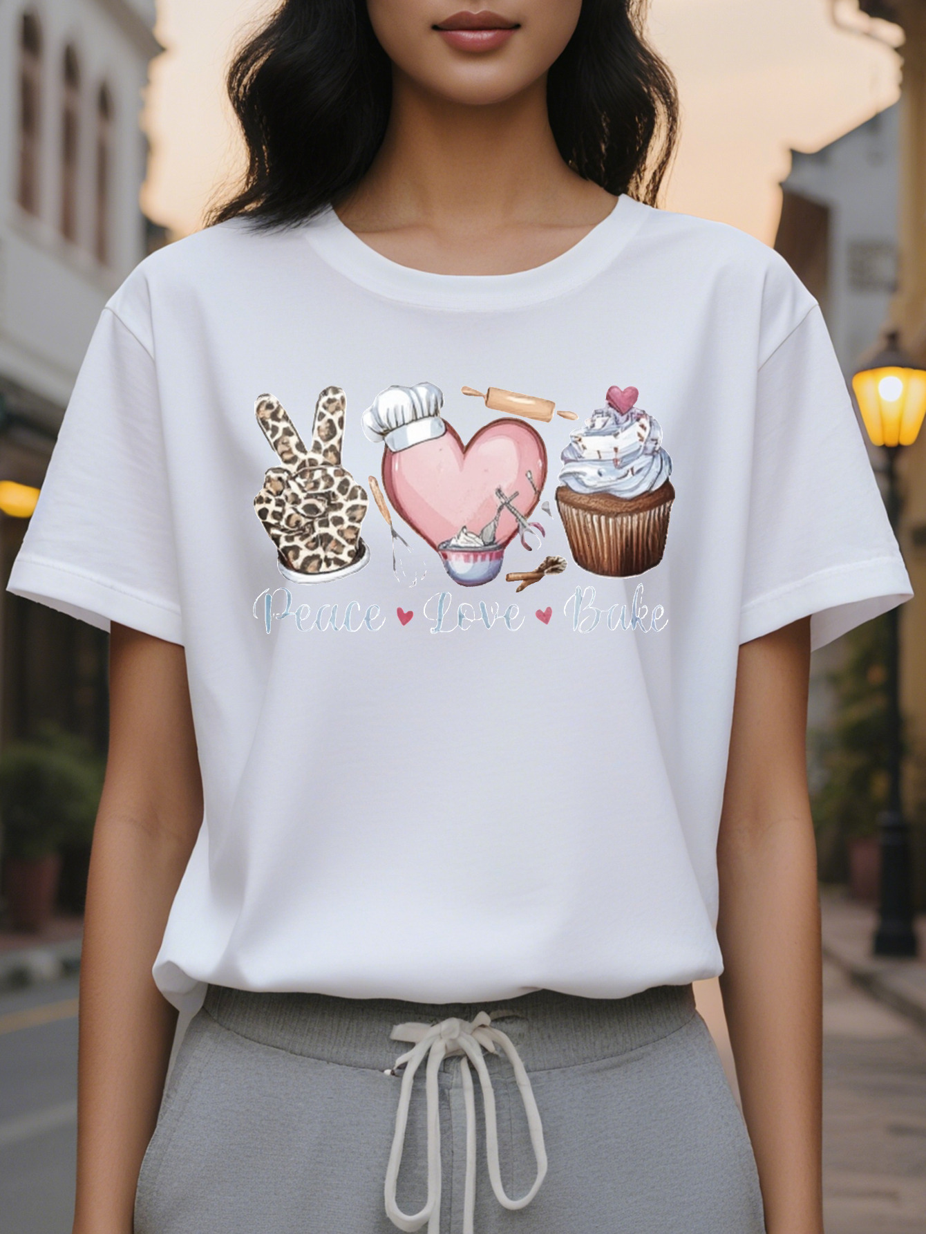Women's Black Peace Baking Pattern Short Sleeve T-Shirt Button Leopard Love Design Elastic Round Neck Casual Top