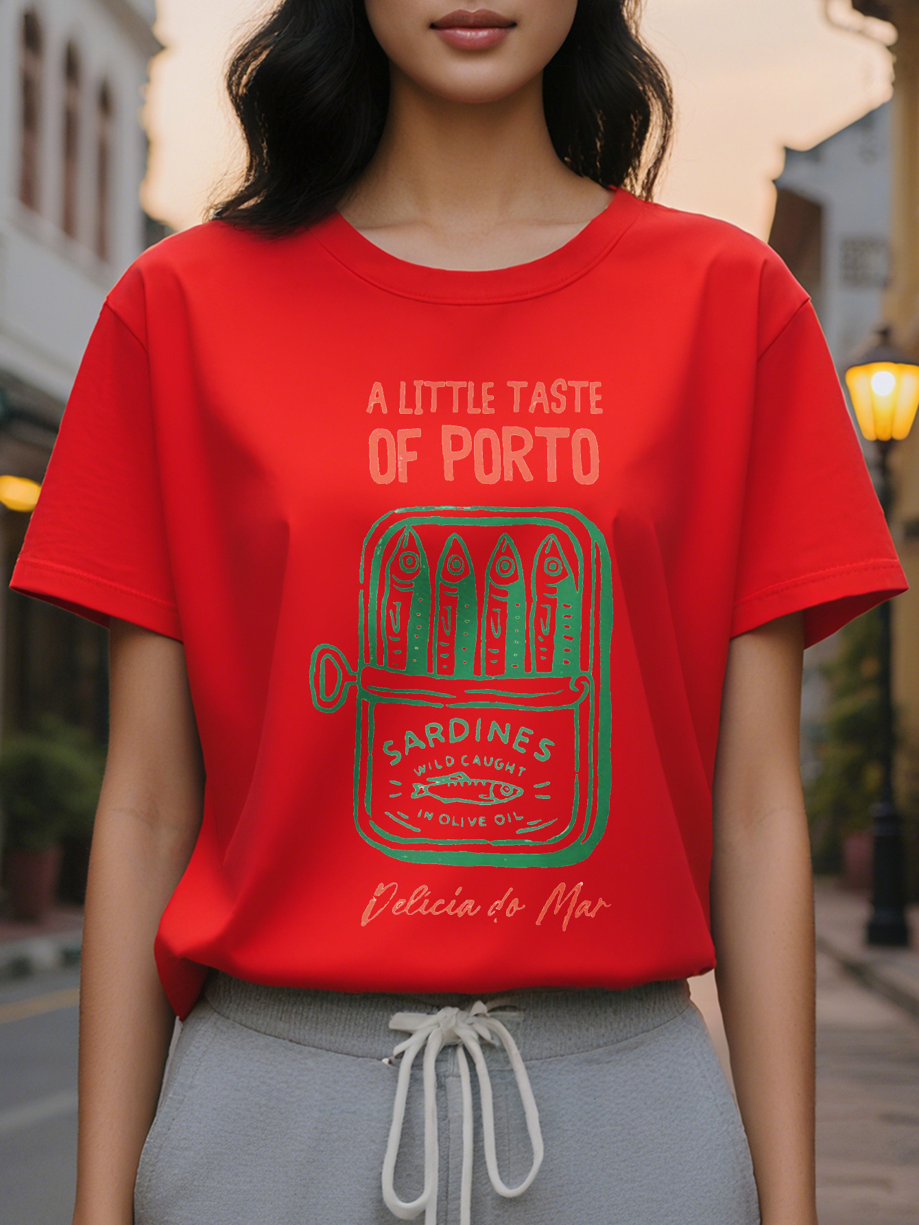 Women s Elegant White T Shirt Porto Style Miramar Sardine Print Summer Casual Round Neck Short Sleeves, washable