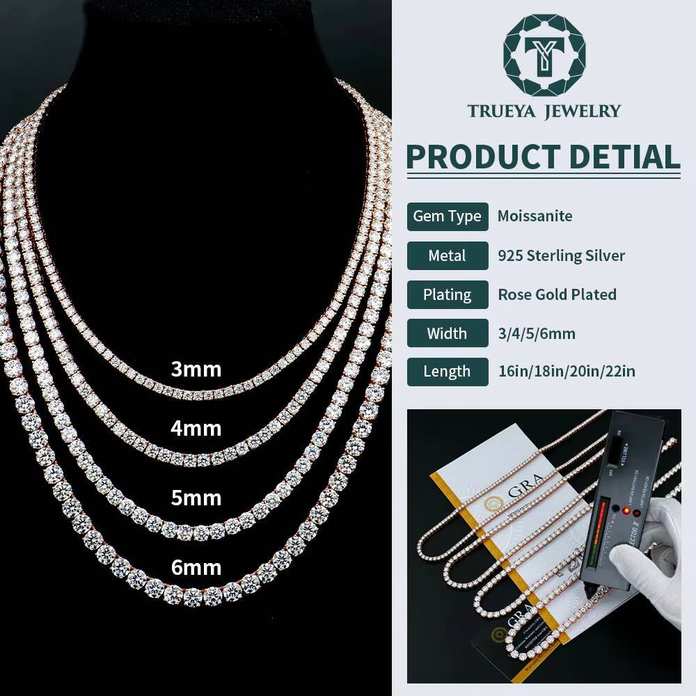 Hiphop Moissanite Tennis Chain Necklace Iced Out 3mm 4mm 5mm 6mm 925 Sterling Silver Rose Gold Color Bling Rapper Necklace