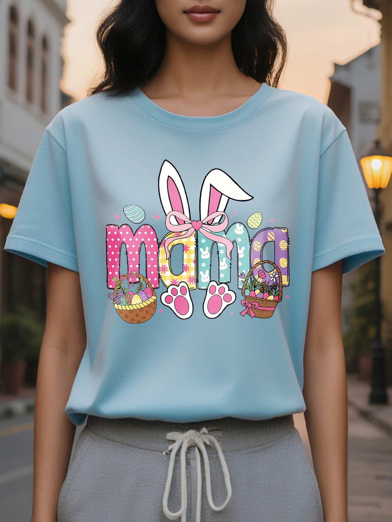 Large XL Mom Graphic Print Lavender T-Shirt Floral Bunny Ears Design Crew Neck Casual Short Sleeve Washable Women's Plus Size