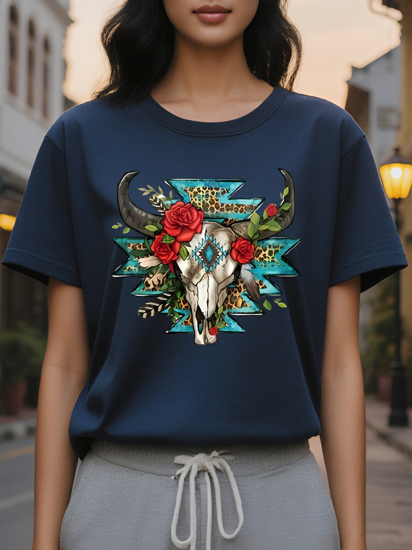 Women s Western Style Short Sleeve T Shirt Black Round Neck Casual Top Skull Rose and Feather Design, washable