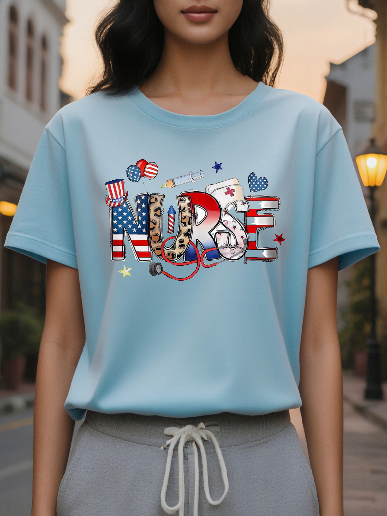 Women's Nurse Pattern Short Sleeve T-Shirt Star Stripe Theme Letter Print Elastic Round Neck Casual Top Spring and