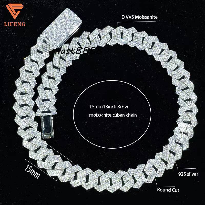 15mm 3Row Fashionable Silver Miami Cuban Link Chain Iced Hip Hop S925 Moissanite Diamond Tester Pass Mens Jewelry