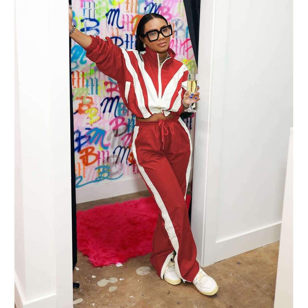 2025 Spring Patchwork Color Block Zipper Long Sleeve Short Jacket + High Waist Straight Pants Casual Fashion Two-Piece Set