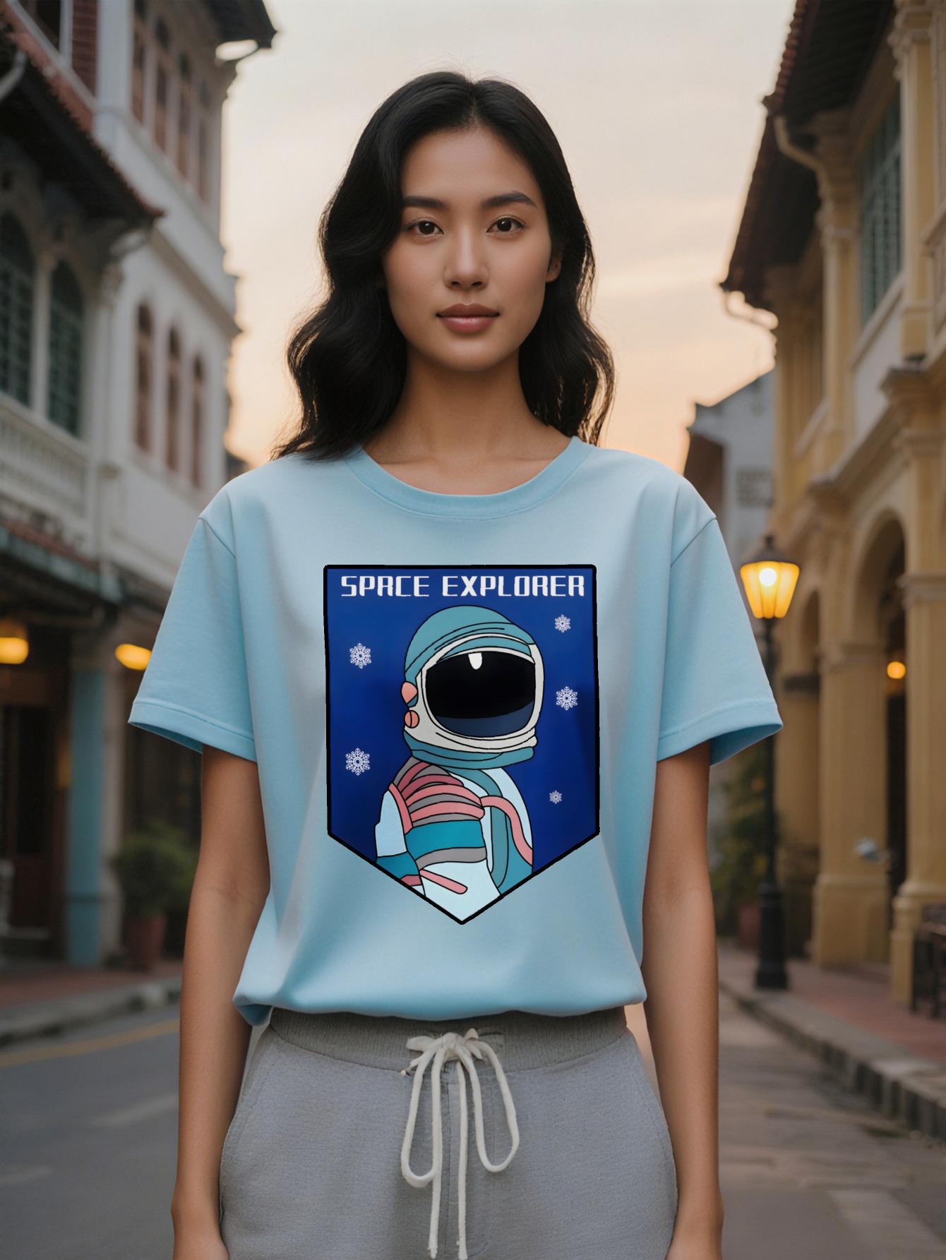 Lady Casual Graphic T-Shirt Explorer Astronaut Helmet Stars Print Black Round Neck Summer Tee Regular Fit Unique