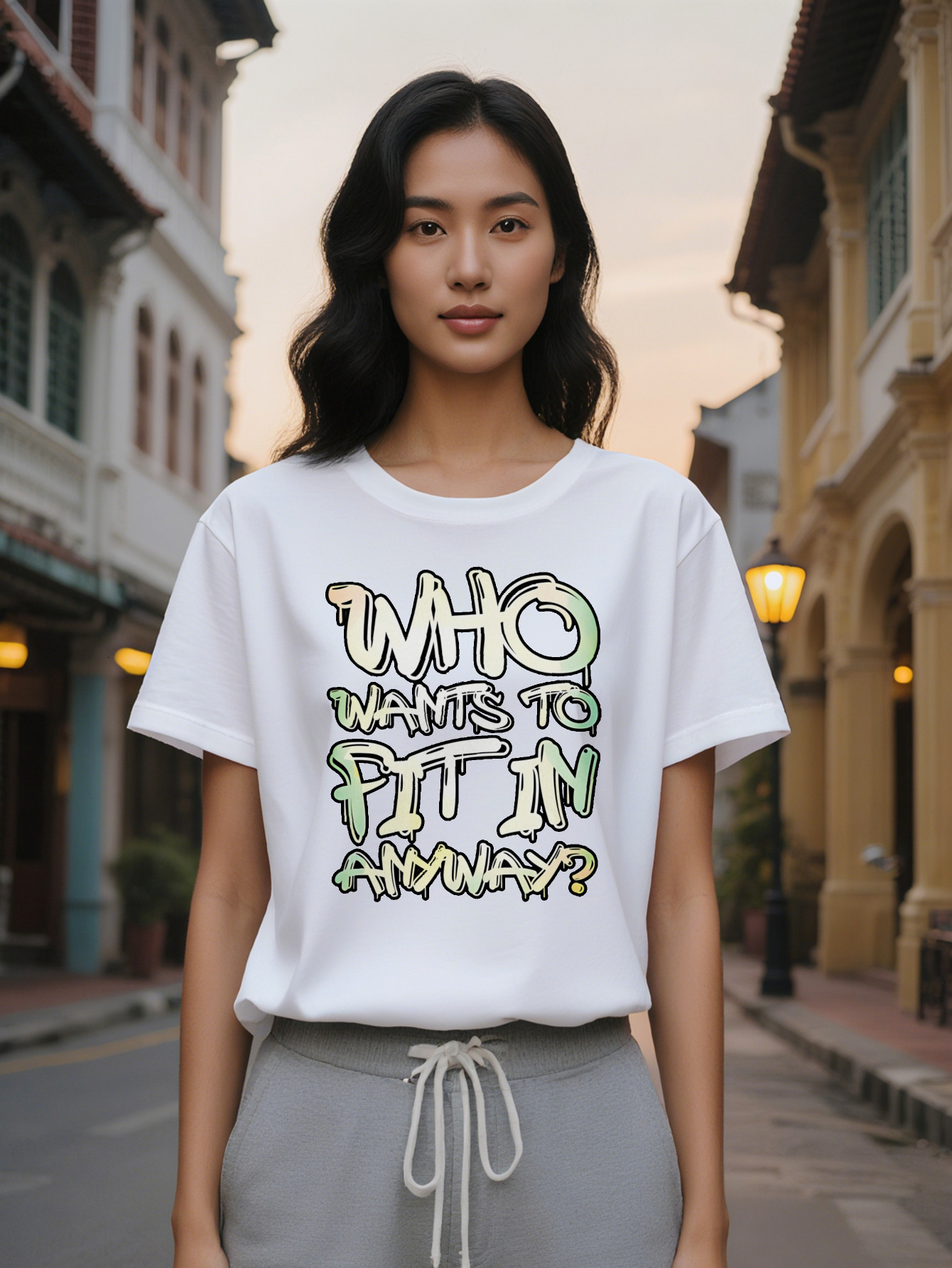 Lady Graphic T Shirt with Bold Who Wants to in Any Way Print Black Light Green Tee Regular Fit Round Neck