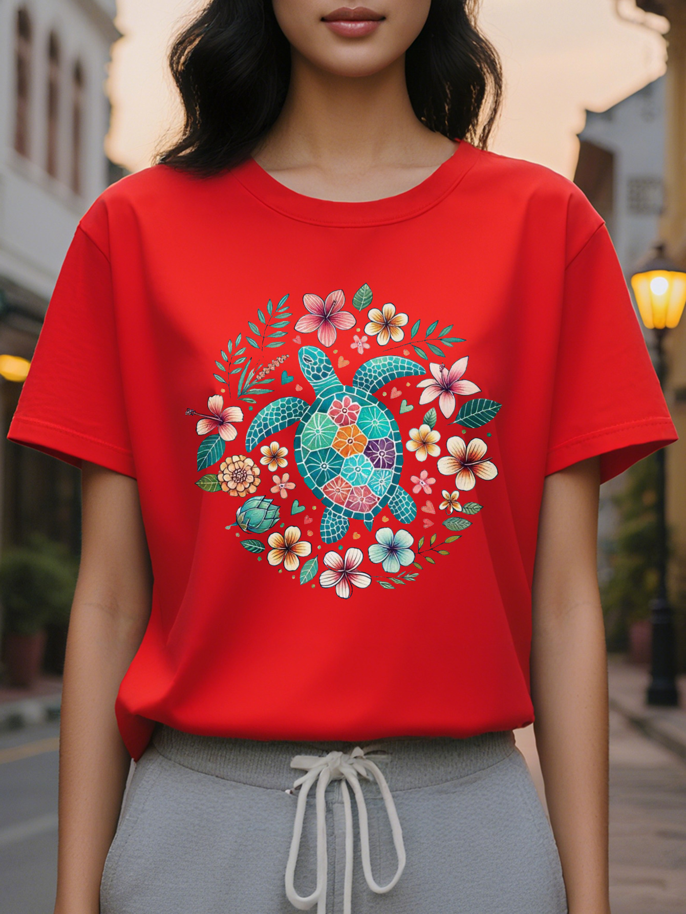 Women s Elegant White T-Shirt Turtle Floral Short Sleeve Top Soft Daily Summer Casual Shirt Washable Beach Trim for