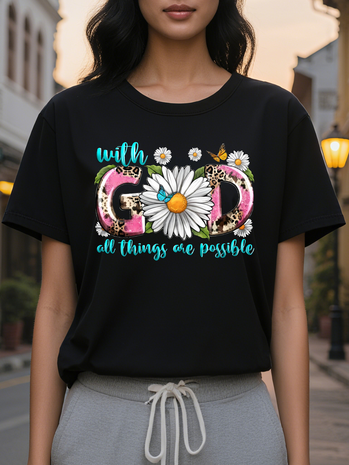 Women's Everything Is Possible With God Pattern T Shirt Flower Leopard Print Round Neck Casual Top Medium Elastic