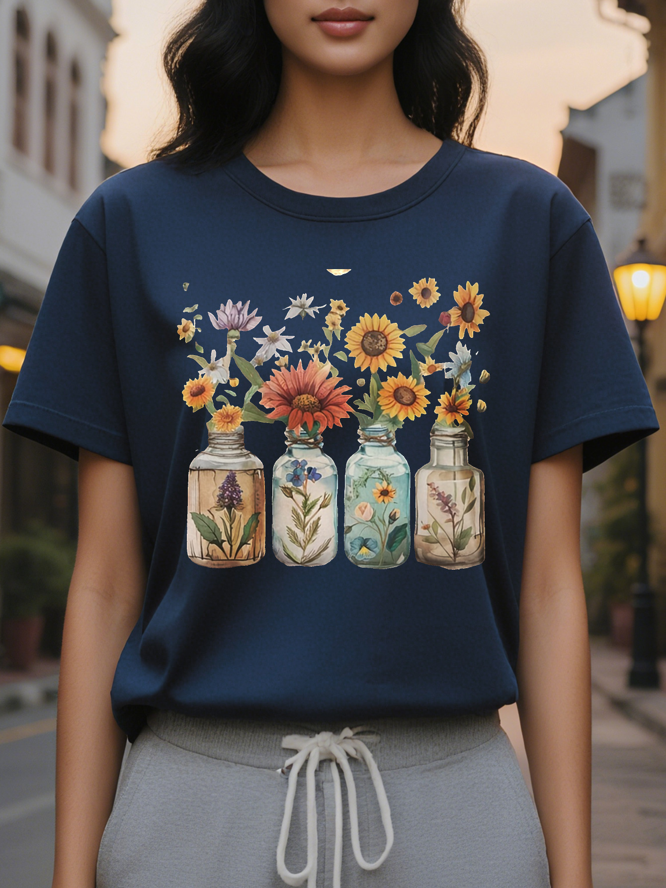 For Spring Summer Short Sleeve Floral Print Crew Neck T-Shirt Casual Women's Clothing