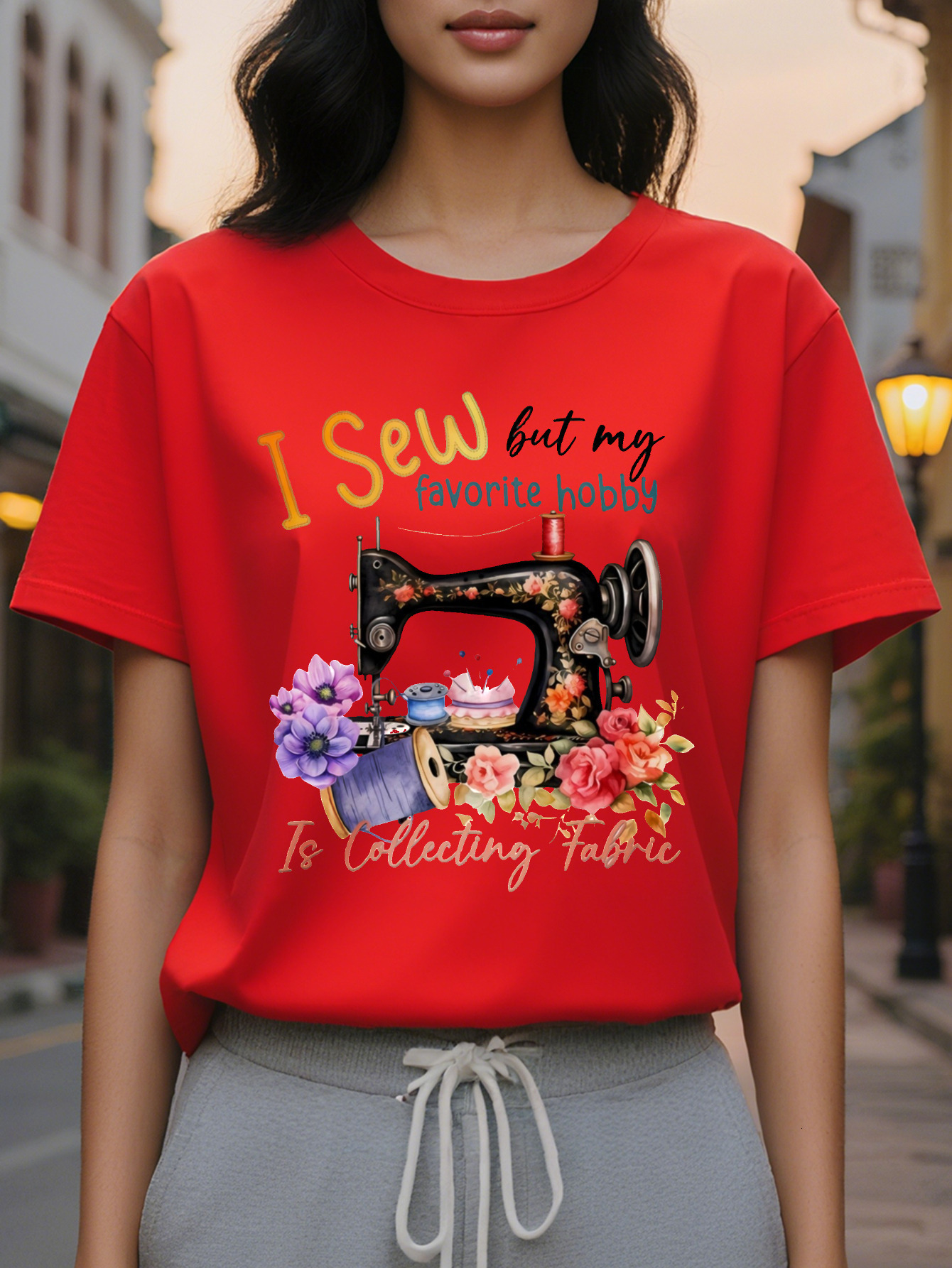Women's Sewed But I Love Collecting Cloth Vintage Sewing and Floral T-Shirt Summer Spring Soft Stretch Round Neck