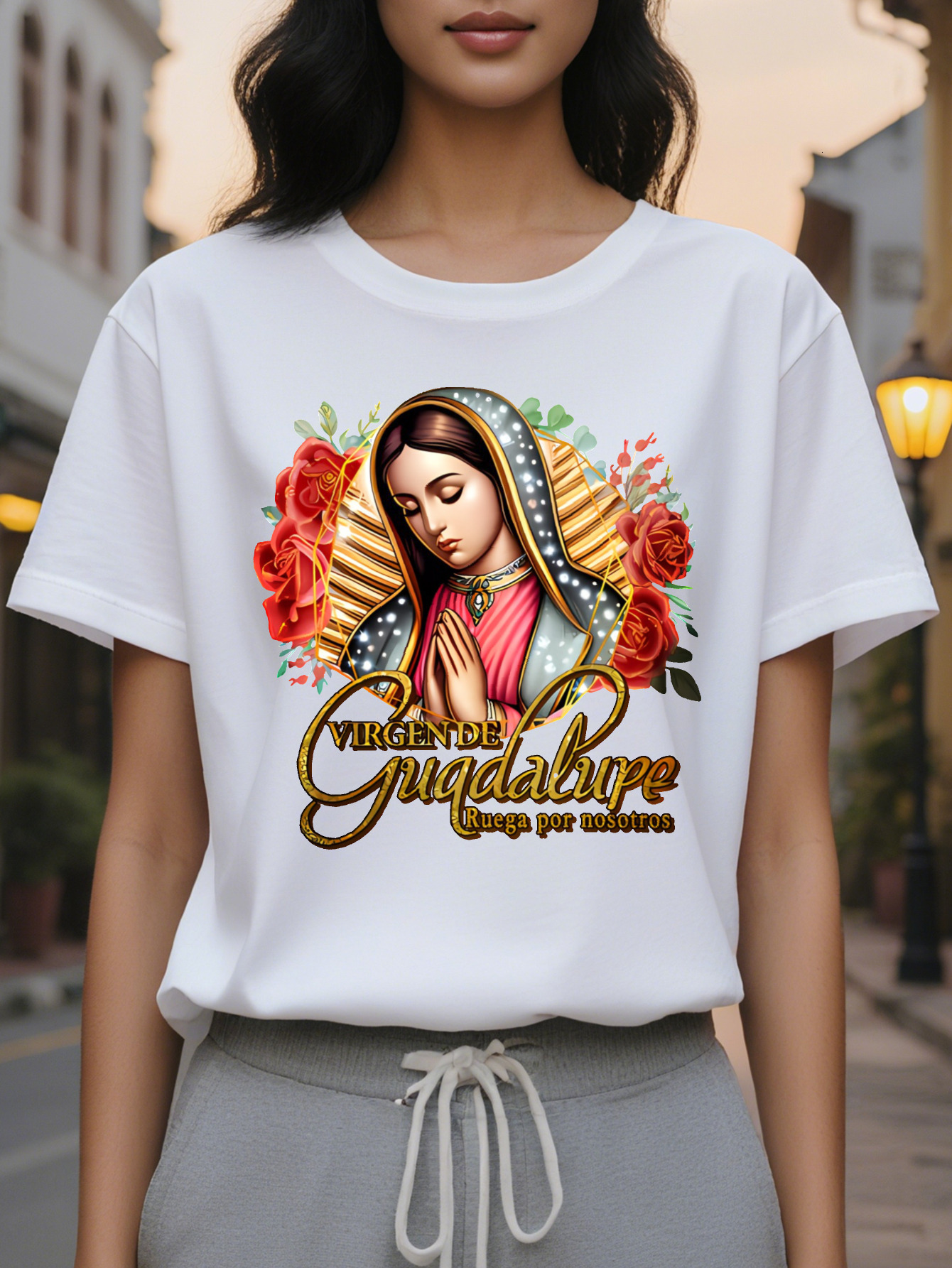 Women S Virgin Religious T-Shirt Soft Pink Faith Based Tee with Our Lady of Guadalupe Prayer Round Neck Casual Everyday