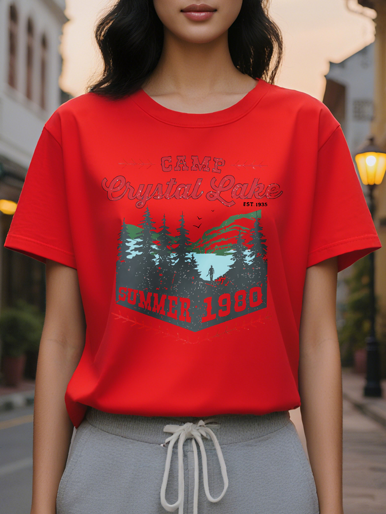 Large XL Vibrant Crystal Lake Camp Printed Round Neck T-Shirt Dress Women's Summer Combination Version Relaxed Fit Breathable Plus Size