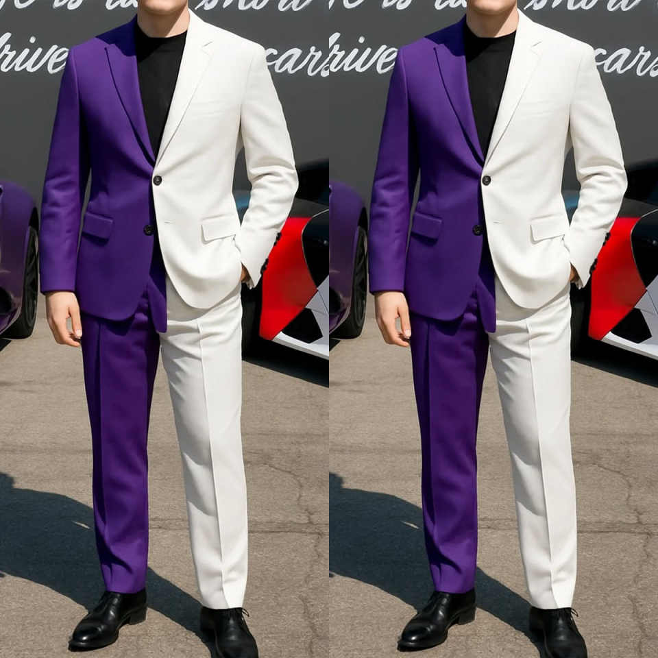 Formal Business Men Tuxedos 2 Pieces Customized Purple White Classic Fit Groom Pants Suits Fashion Show Wear