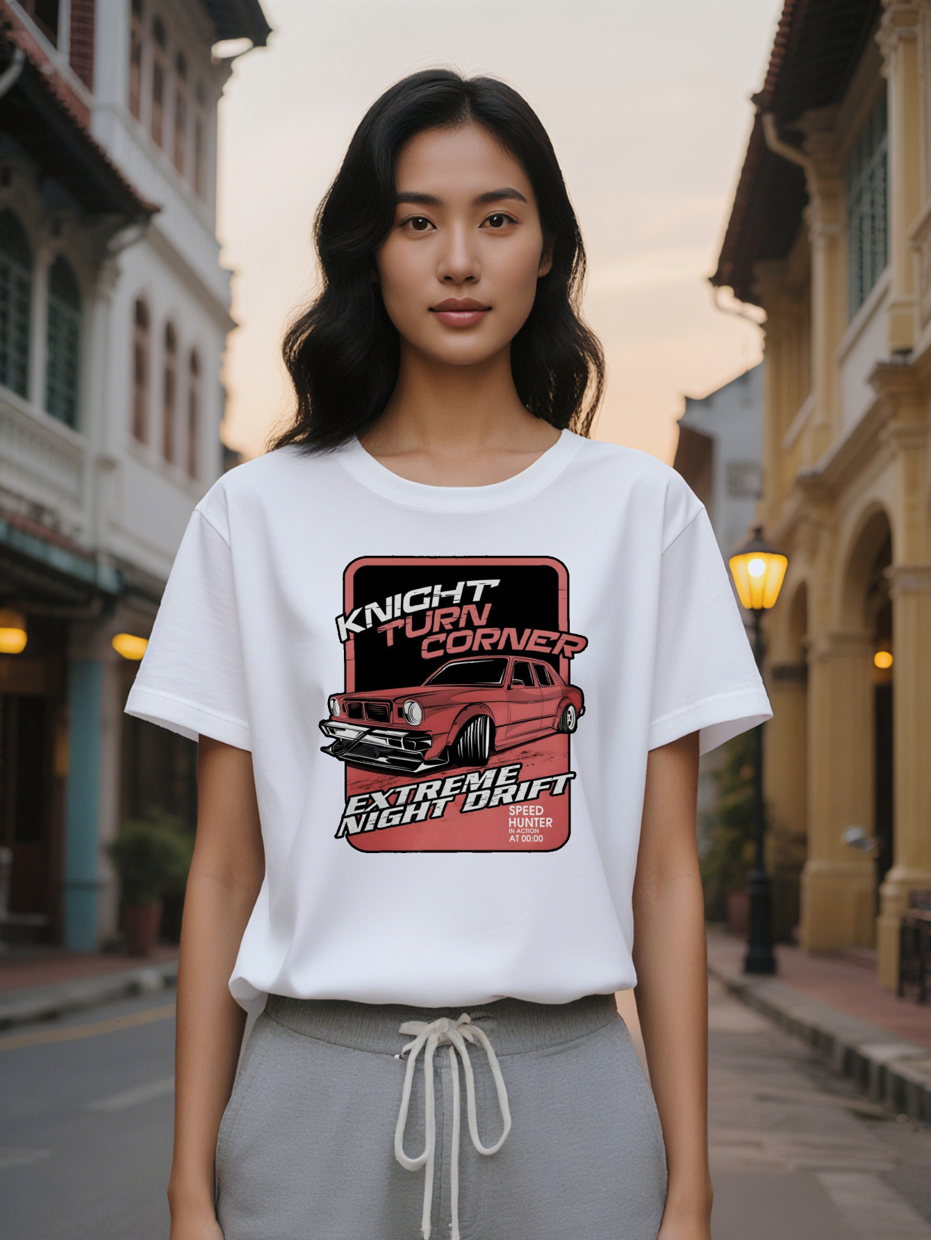 Large XL Lady Crew Neck T-Shirt with Red Graphic Knight Turn Corner Design Extreme Night Drift Text Perfect for Enthusiasts Plus Size