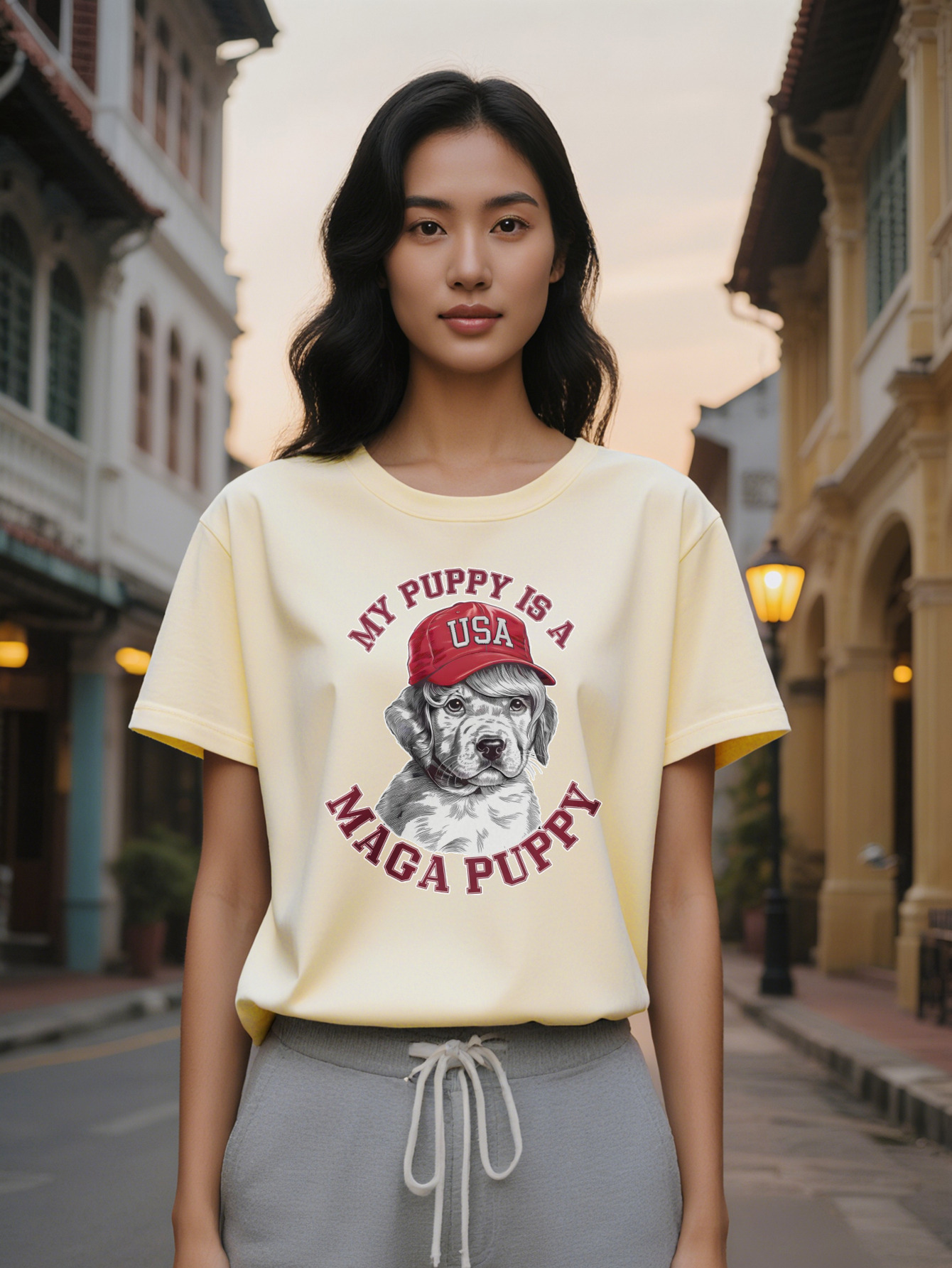 Large XL Women's Casual Short Sleeve T-Shirt My Is A USA MAGA Puppy Graphic Print Black Round Neck Summer Tee Washable Plus Size