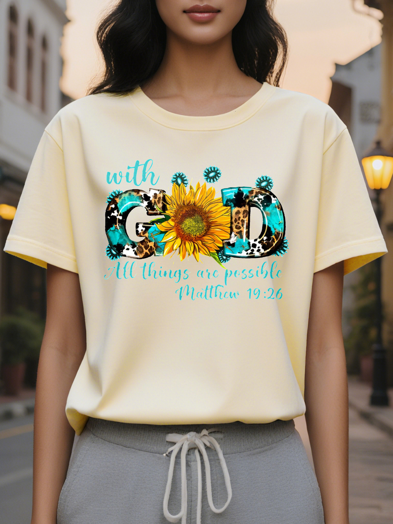 Women s Inspirational God All Things Possible Matthew T-Shirt Black Soft Stretch Casual Summer Tee with Sweat
