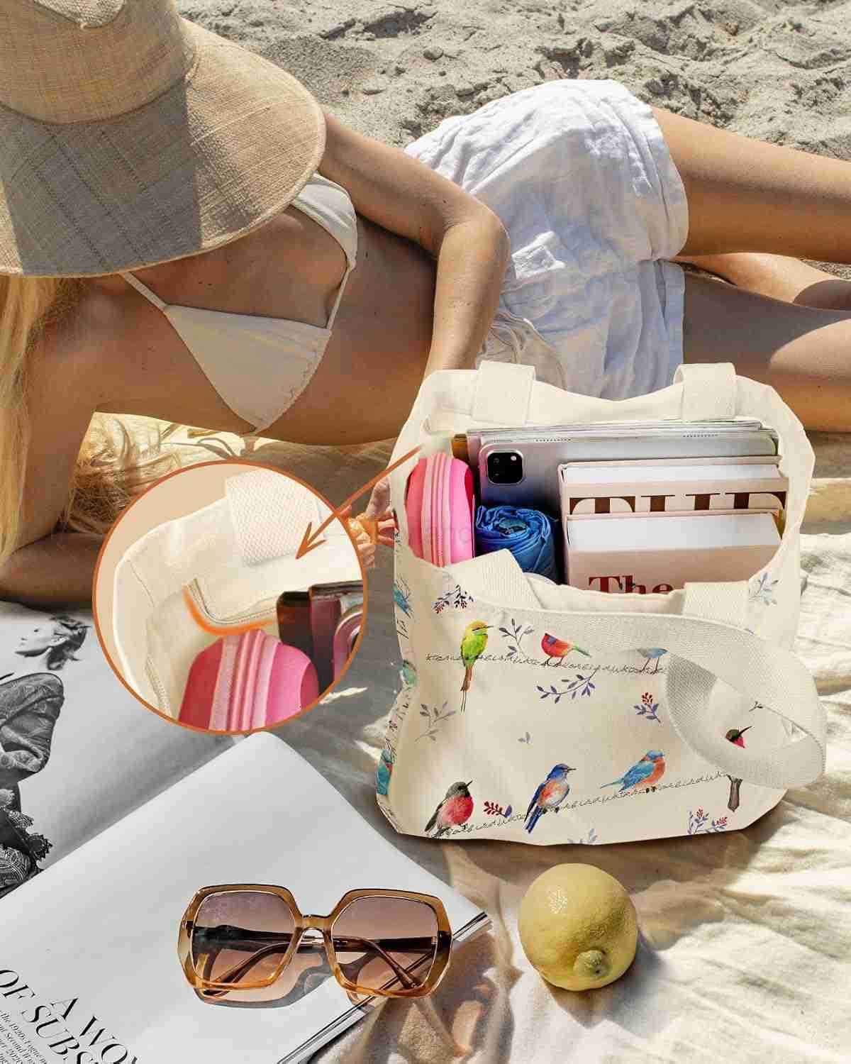 Large Canvas Tote Bag for Women with Zipper and Inner Pocket Aesthetic Cute Shoulder Bag for Shopping DailyW250904