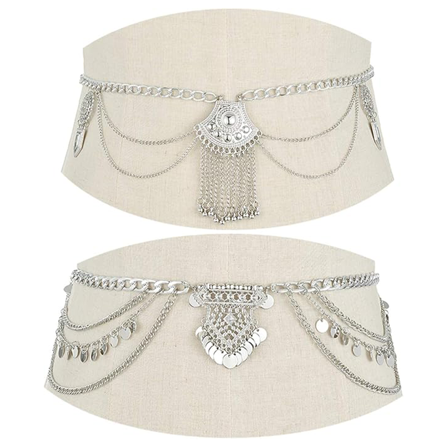 2 PCS Waist Belt Chain Vintage Dangle Dancing Tassel Body Chain Bikini Beach Body Jewelry for Women Silver Tone