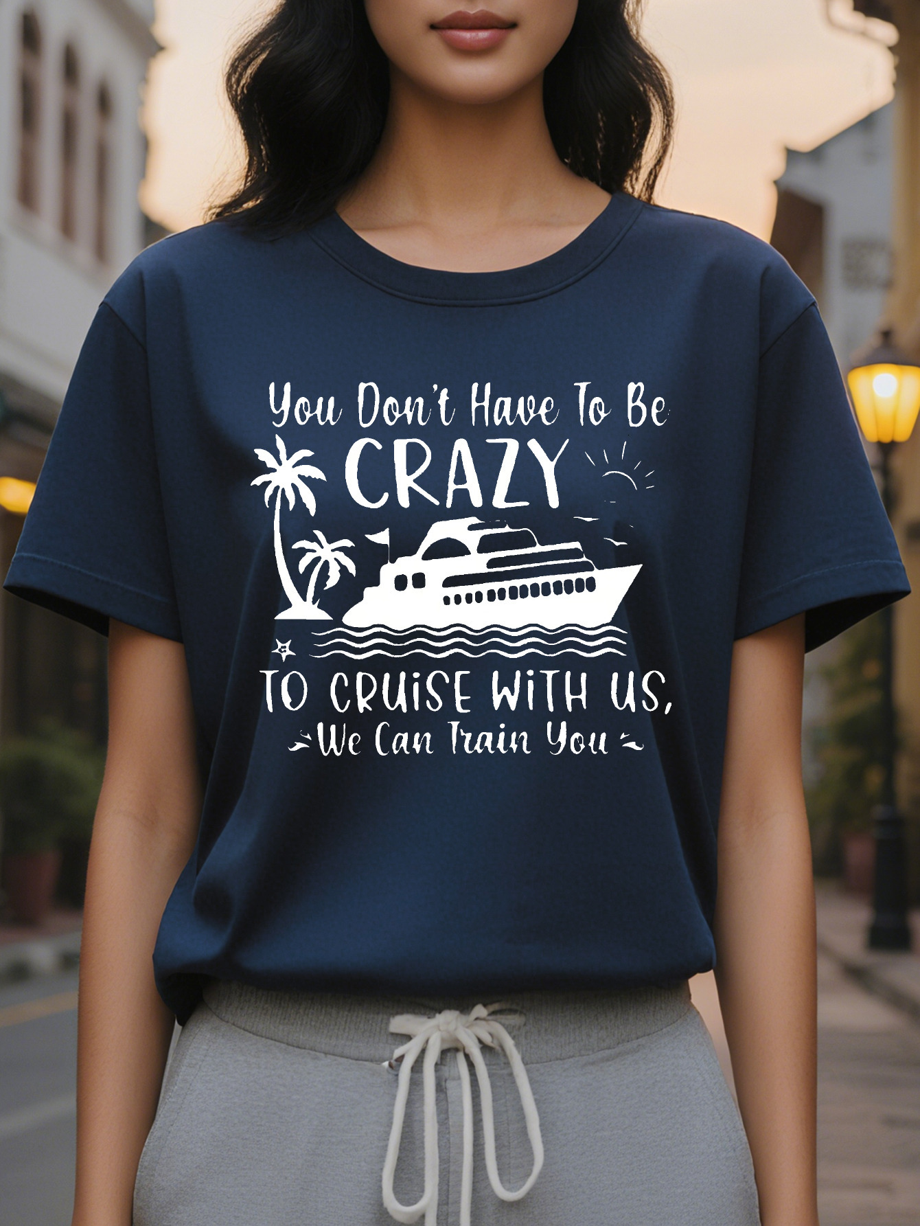 Women's casual round neck T-shirt with letter and boat print, soft cotton, washable