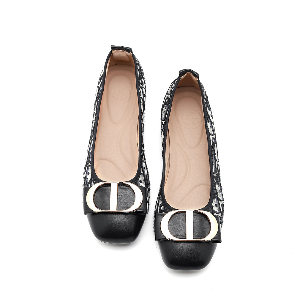 The 2025 designer's new cross-border trade square-toed Parisian embroidery CD buckle soft and comfortable women's single shoe with a shallow opening. free shipping