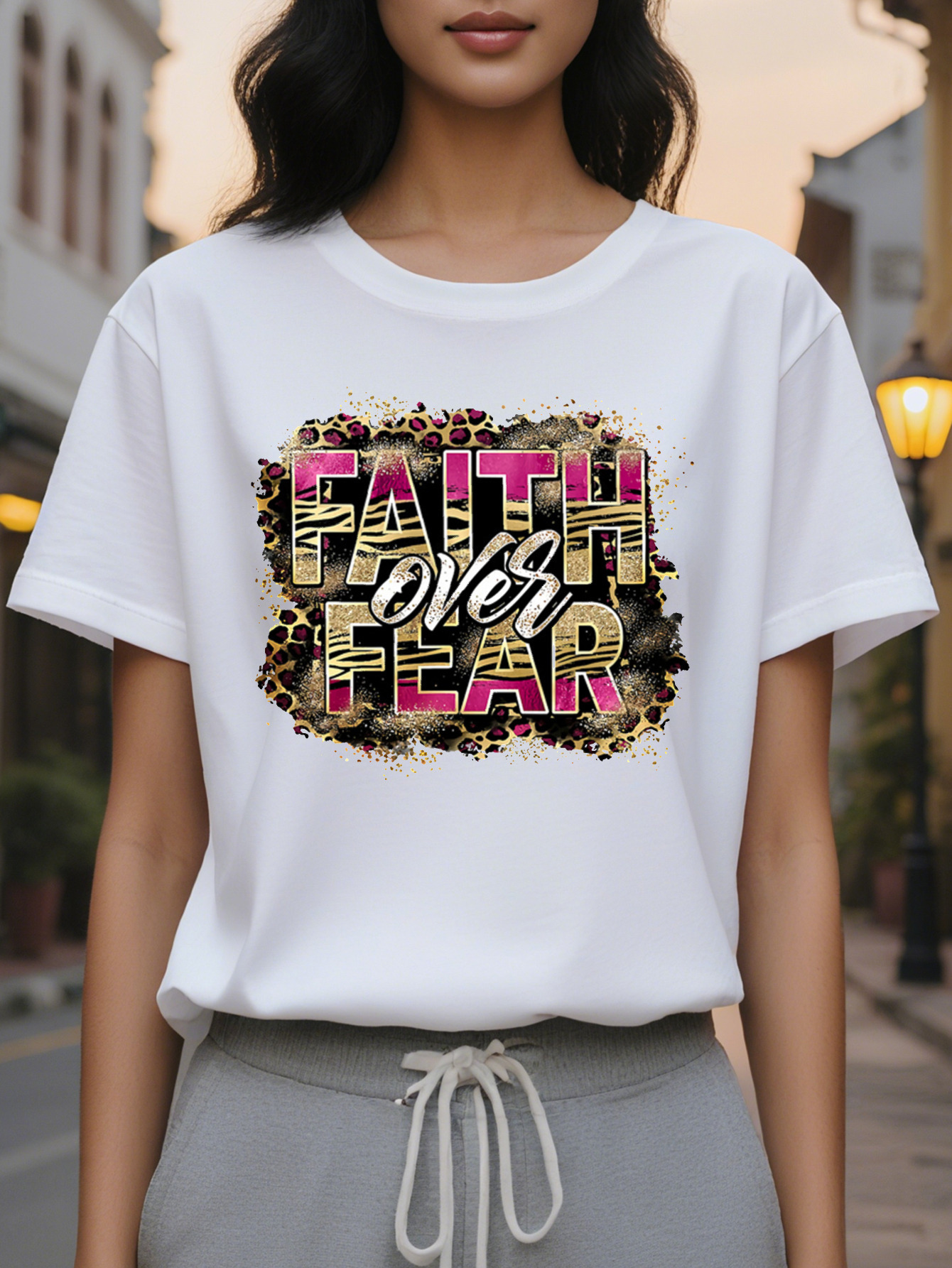 Large XL Vibrant Letter Print Crew Neck T-Shirt Soft Breathable Casual Short Sleeve Top Spring Summer Women's Comfortable Plus Size