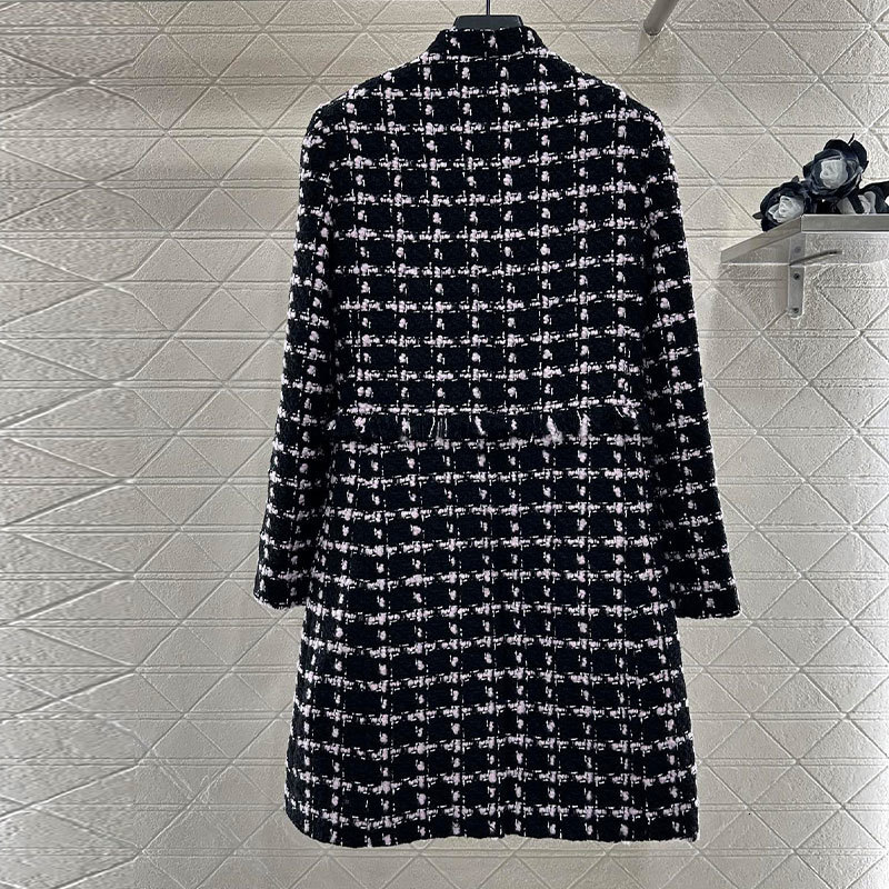 Luxury Retro Oversized Ladies Woven Check Long Coat Dress, Stand Collar Button Down Wool Blend Jacket, Fringe Detail Elegant S0909