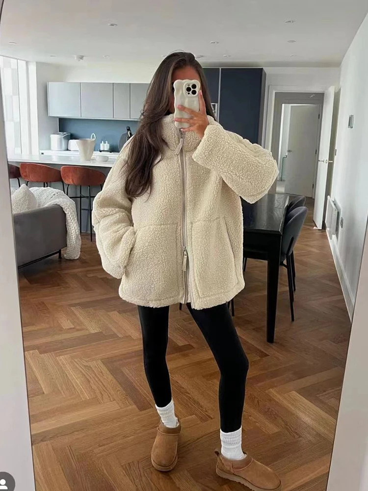 SIYANG Women Autumn Fashion Loose Teddy Coat Female Pockets Zipper Warm Faux Lamb Jacket Ladies Casual Outerwear 250903