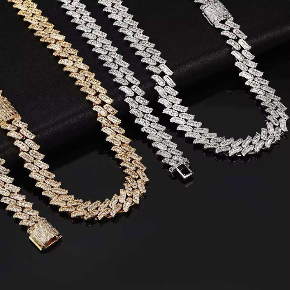 15MM Hip Hop Box Clasp Silver Ice Baguette Bling Necklace Jewelry Men Diamond Cuban Link Chain