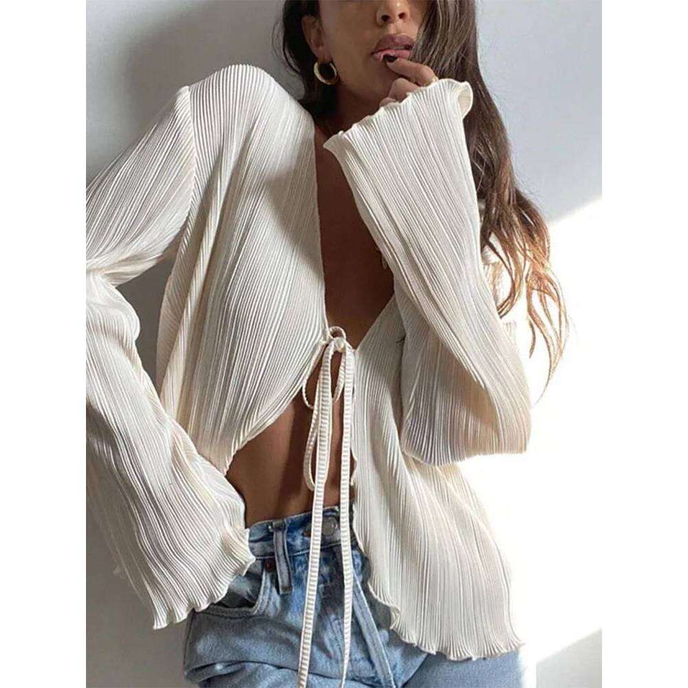 2025 Women Pleated Plain Shirts Spring Fall Chic Long Flare Sleeve V- Neck Tie Up Cardigans Tops For Casual Party Street