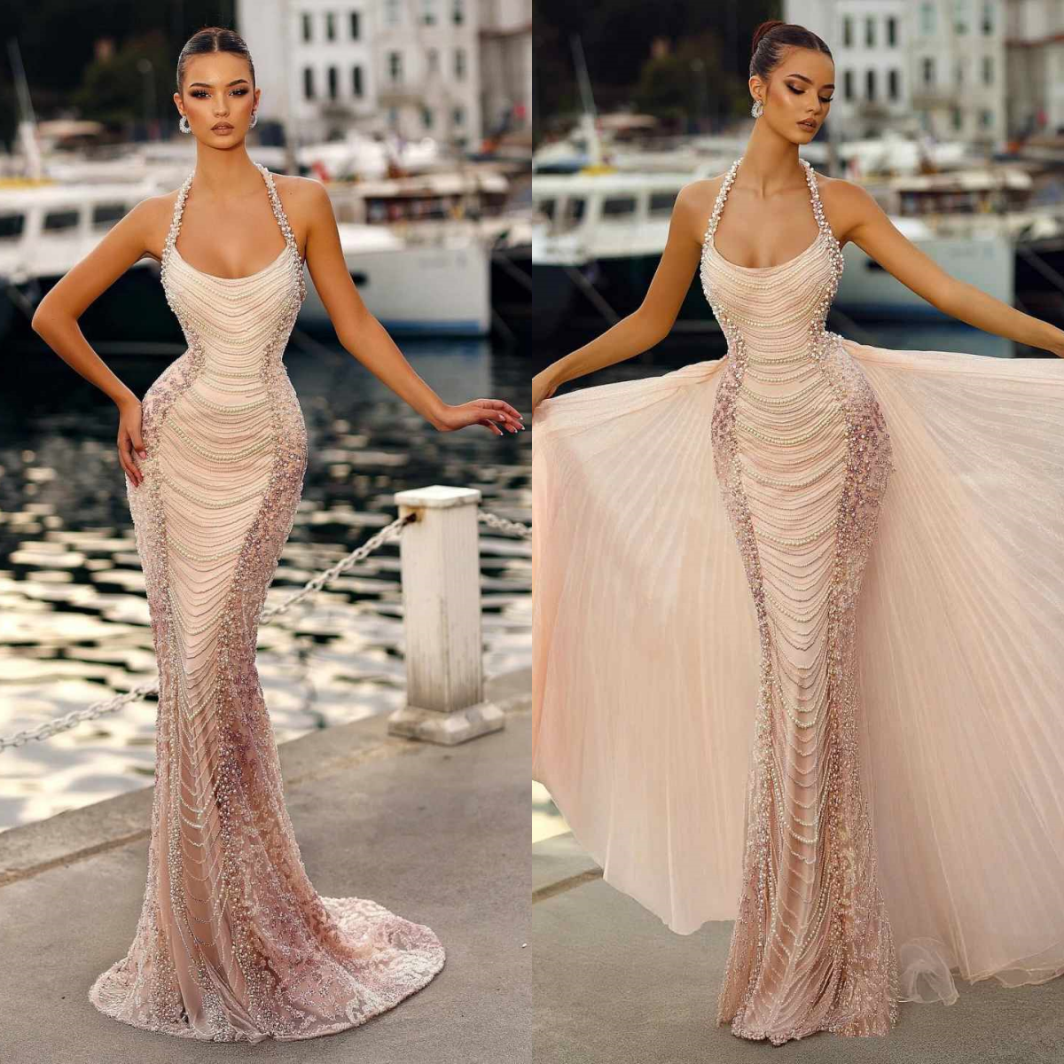 Elegant Mermaid Evening Dresses Halter Neck Overskirt Prom Gowns Pearls Beading Customized Vestidos De Gala