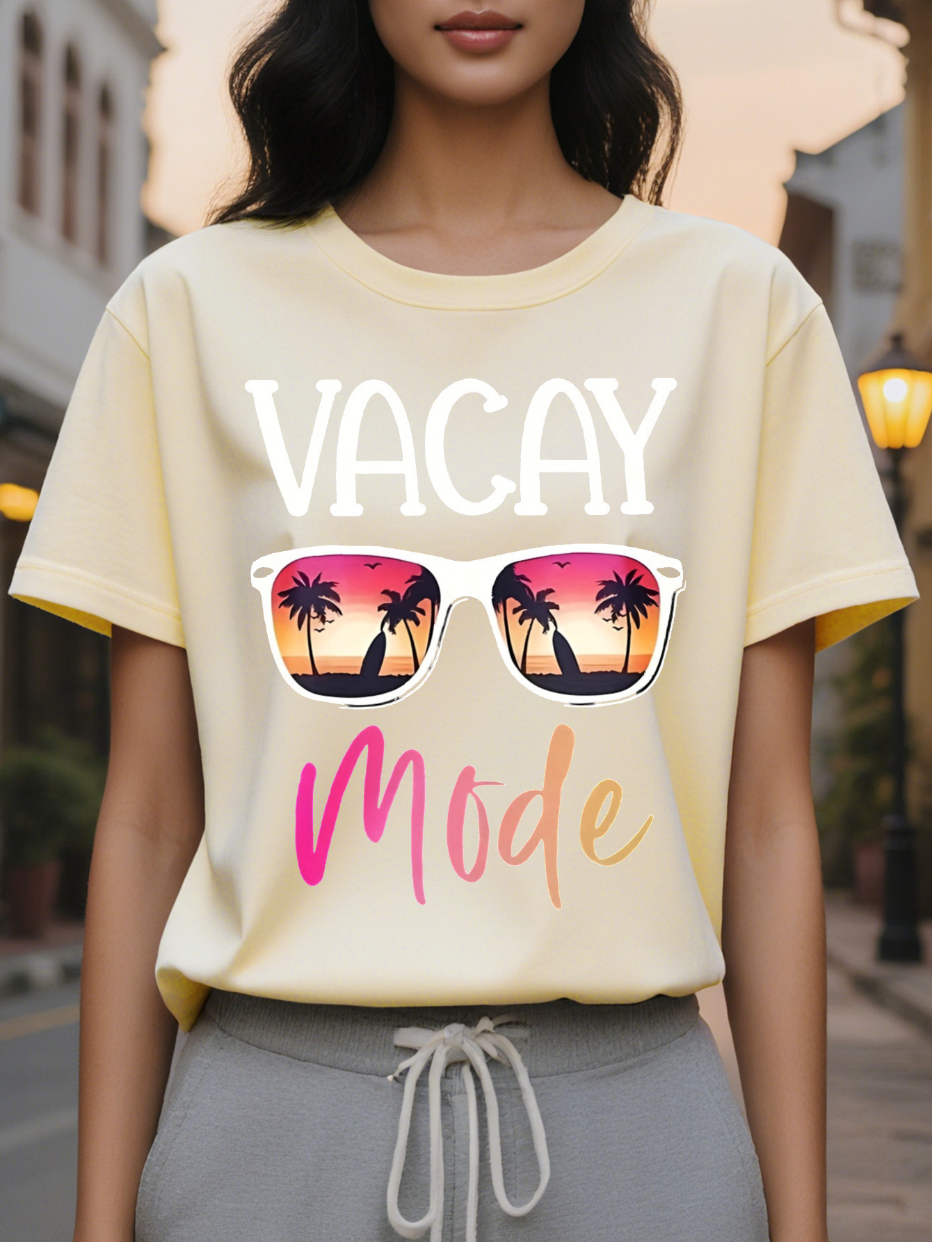 Black Women s Short Sleeve Crew Neck T-Shirt Tropical Palm Tree Sunset Graphic Print with Vacay Mode Text hine