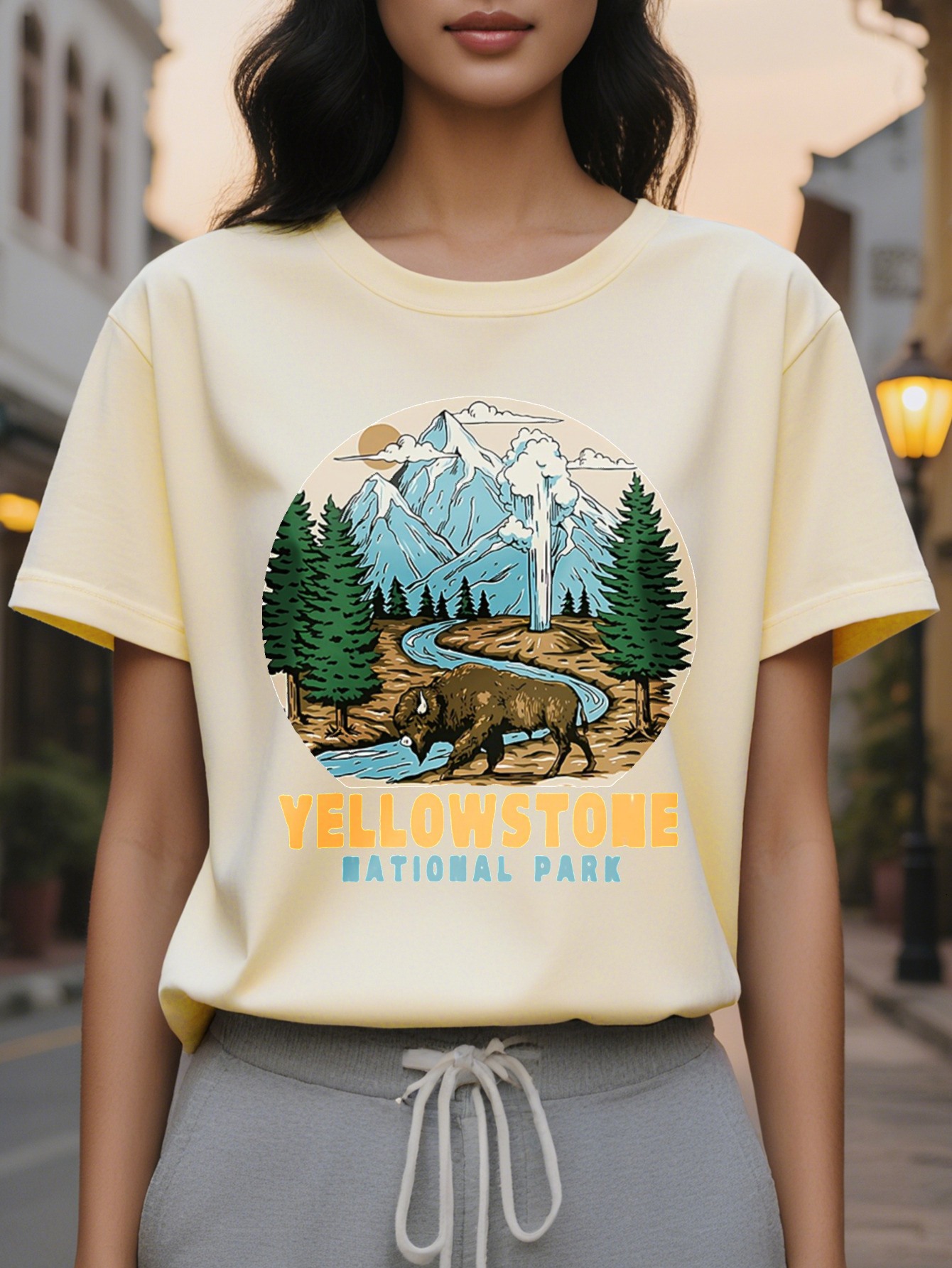 Women's casual sleeve T-shirt printed with national park pattern, cotton, regular length, spring and autumn