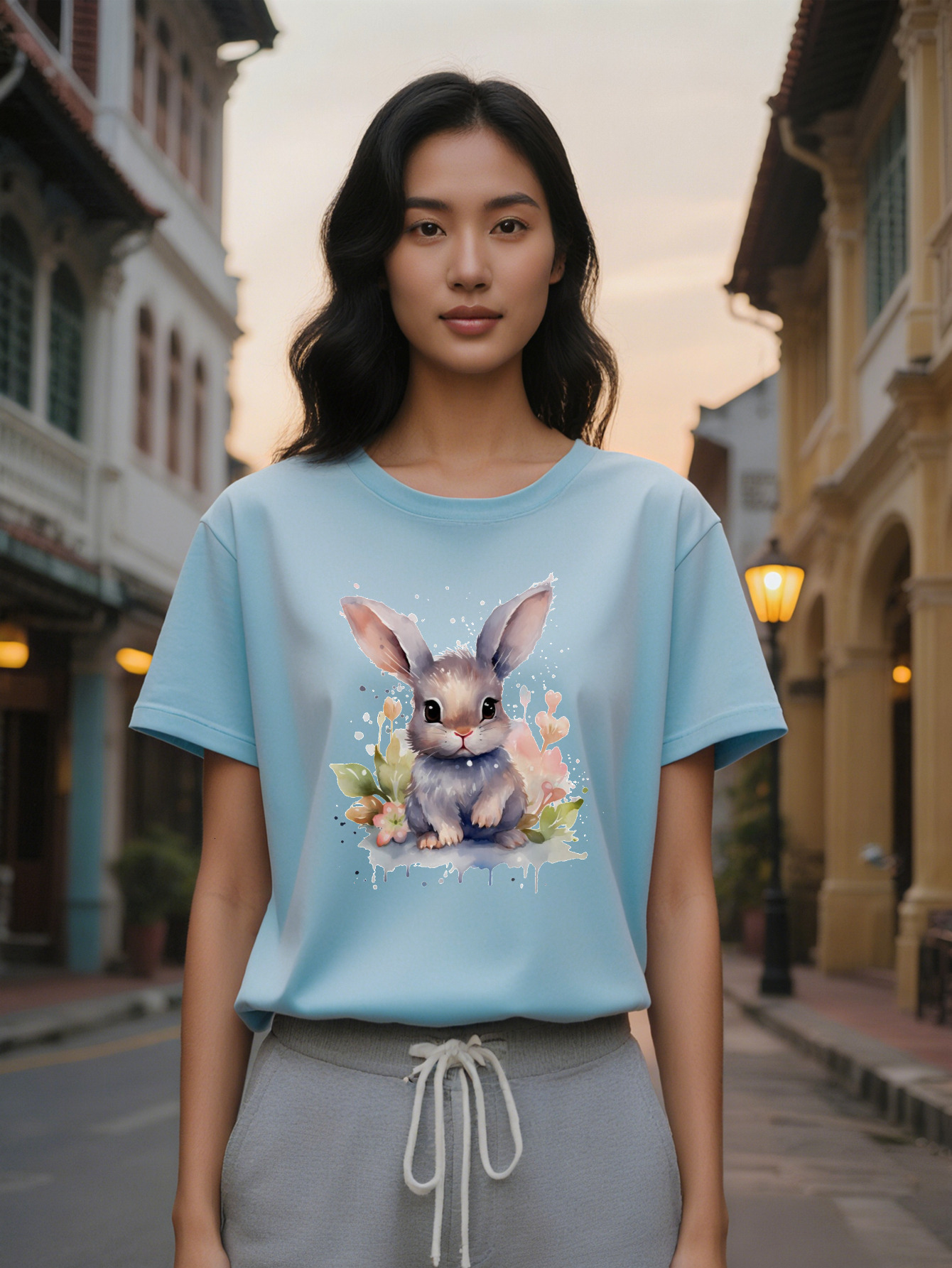 Large XL Casual Crew Neck T-Shirt with Cute Bunny Print Knit Fabric Slight Stretch Regular Fit Summer Top Gift for Women Plus Size