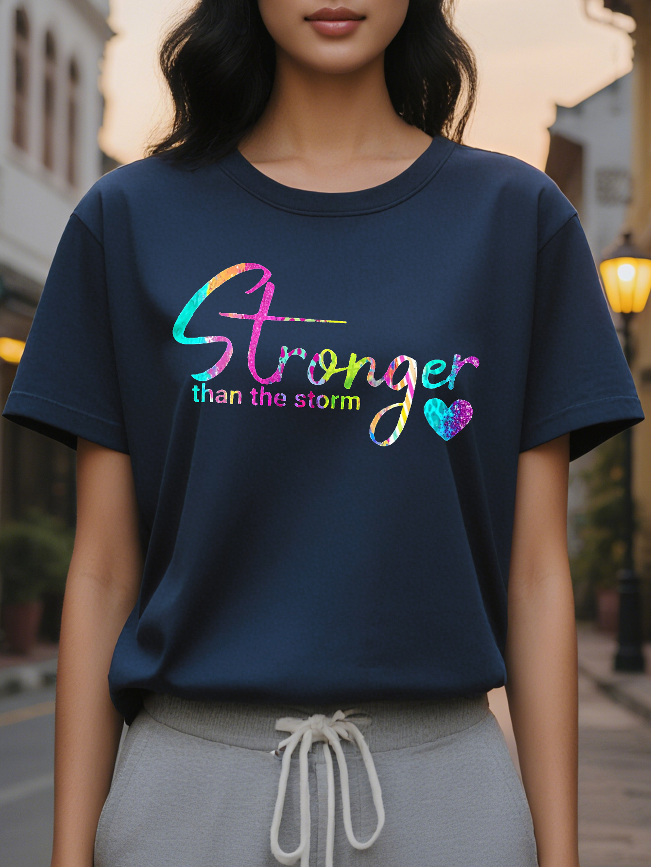 Large XL Women Stronger Than The Storm Graphic T-Shirt Vibrant Colorful Lettering Heart Design Casual Short Sleeve Crew Plus Size