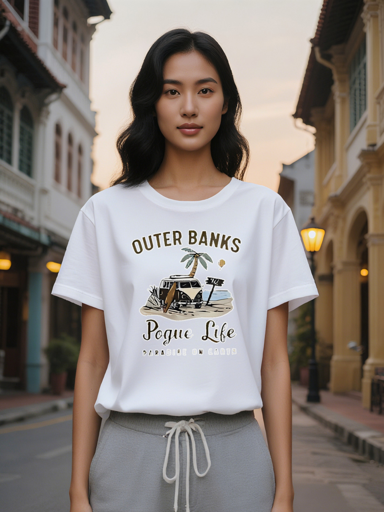 Large XL Women's Casual Crew Neck T-Shirt with Vintage Beach Print Short Sleeve Black Graphic Tee Featuring Outer Banks Life Plus Size